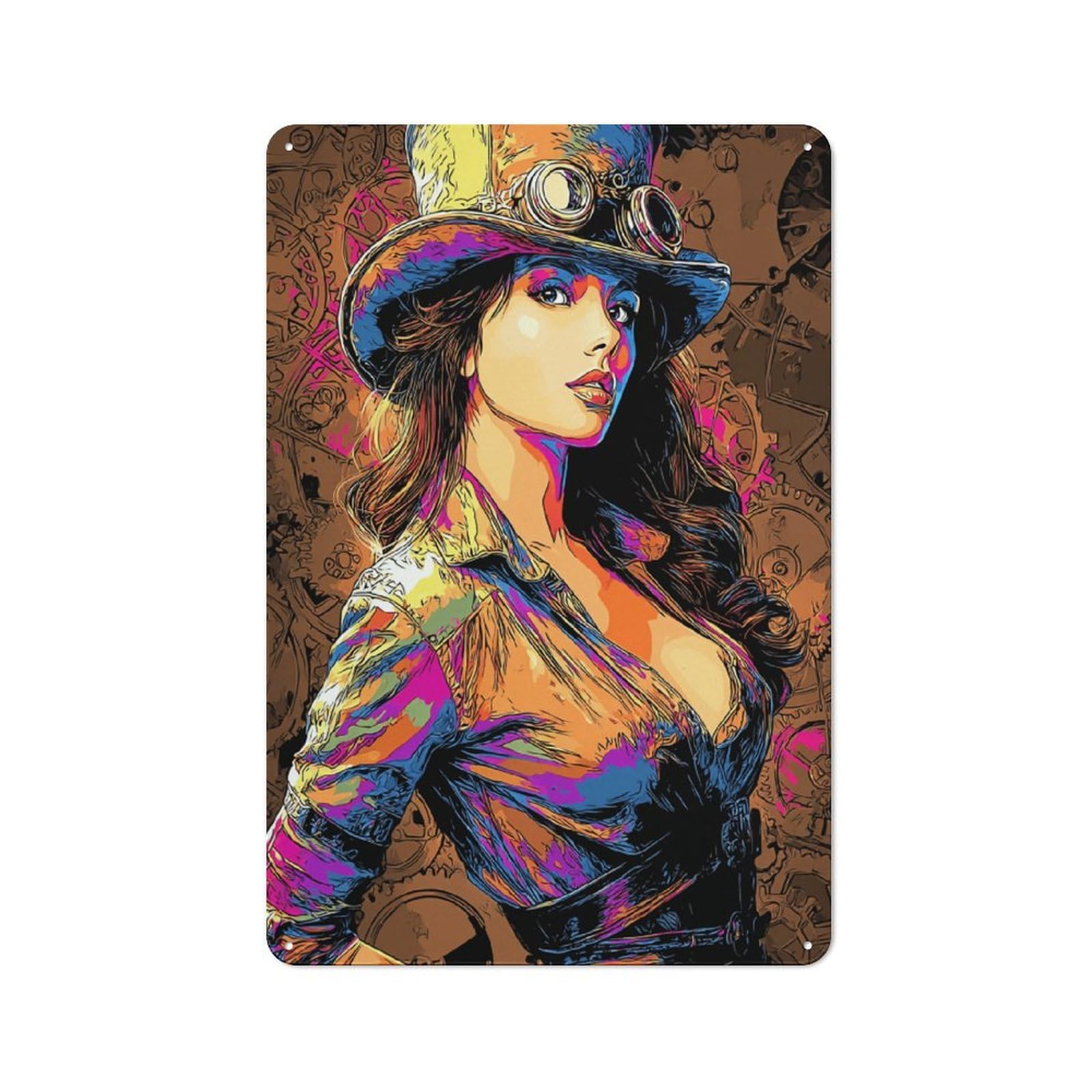 Junmoney Steampunk Woman Portrait Decorative Tin Sign With Design 30X20cm, Farmhouse Cottage Wall Art For Farmhouse Kitchen, Pantry Or Dining Area