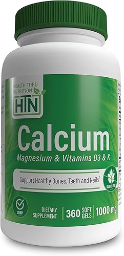 Health Thru Nutrition Calcio 1000 mg y magnesio 400 mg con vitamina D3 y K 360 cápsulas blandas (suministro para 4 meses)