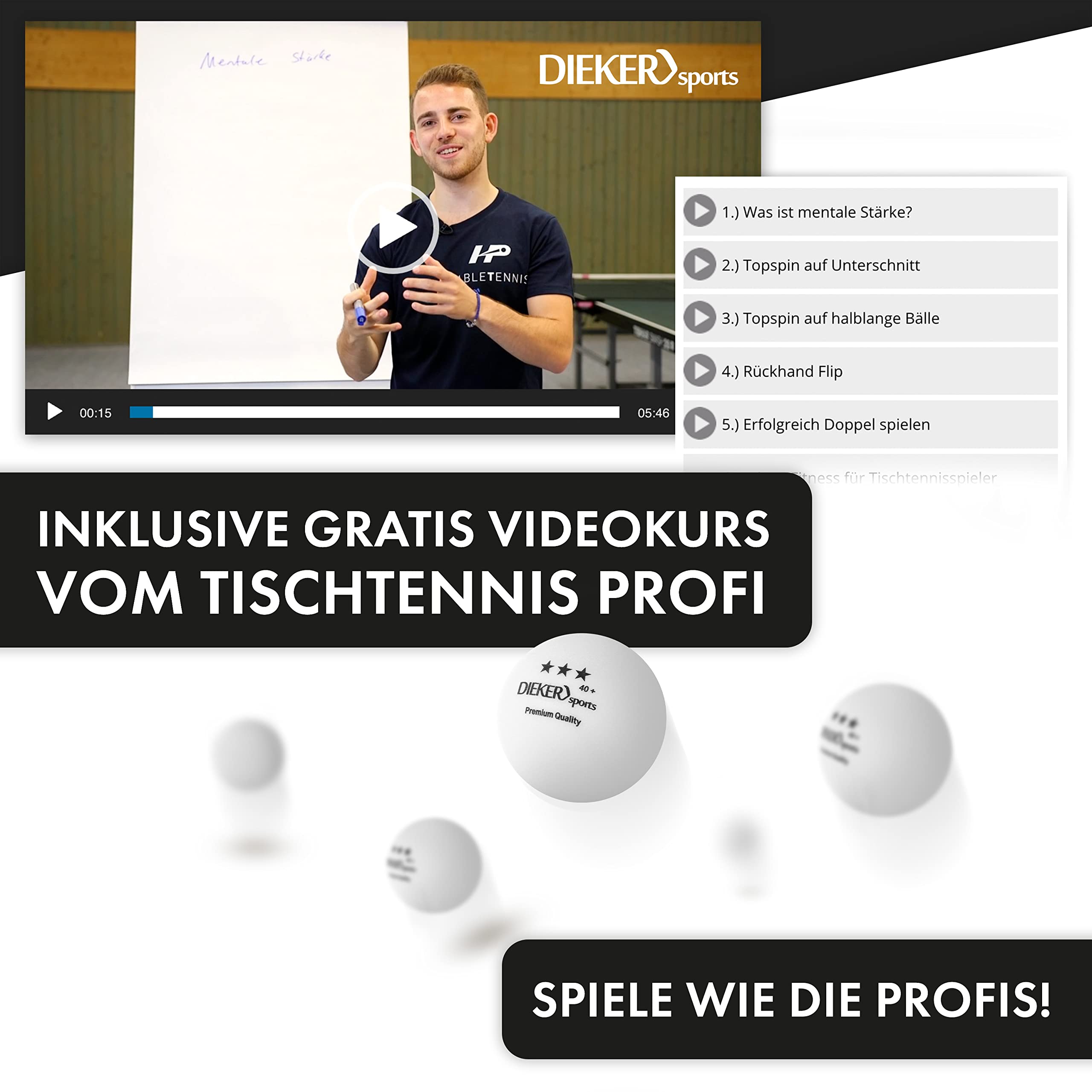Premium Tischtennisbälle 3 Stern - [12, 42 & 100 Stück] - inkl. Videokurs - [erstklassige Ping Pong Bälle] - Nach ITTF Turnierstandard - Tischtennisbälle Outdoor Tischtennis Zubehör