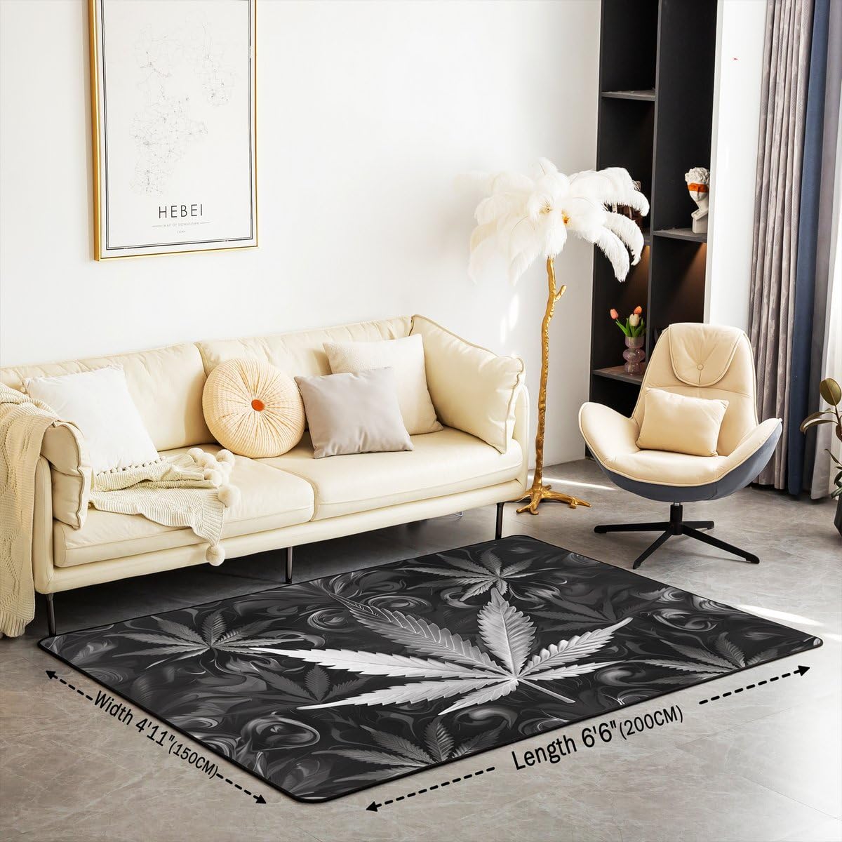 Homewish Dywan z szarymi liśćmi, 100 x 150 cm, egzotyczny adamaszek, dywan do salonu, antyczny wystrój, gotycki vintage, kwiatowy, zmywalny, dżungla, botaniczny dywan, mata podłogowa