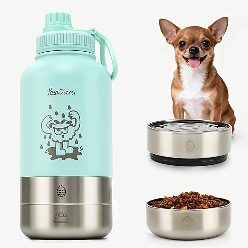 Miniatura 10 de Botella de agua para perro de 34 onzas, dispensador de botellas de agua para perros de acero inoxidable con cuencos desmontables para alimentos y