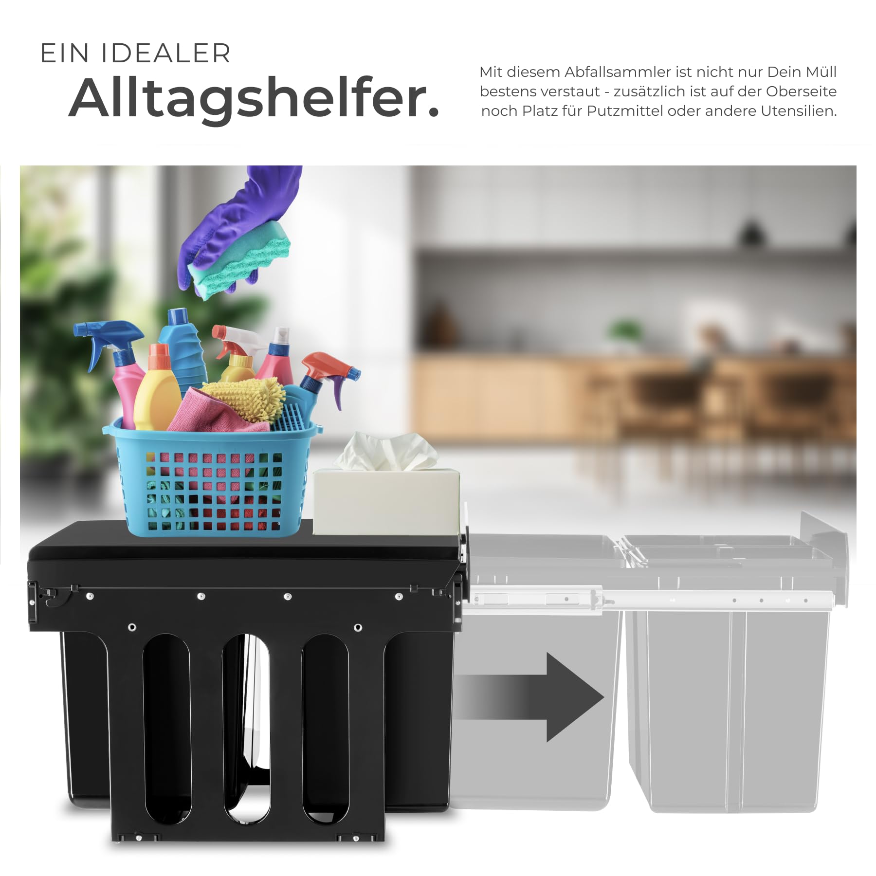 tectake® Abfallsammler, Mülleimer 3 Fächer, Mülltrennsystem Küche, für Schrank, Mülleimer Küche ausziehbar, Einbaumülleimer, Abfalleimer Küche. Mülleimer Küche Unterschrank - 2x 8L + 15L