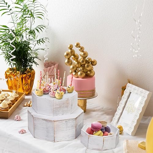 Miniatura 5 de Hacaroa Juego de 3 soportes de madera para cupcakes octangulares, soporte de postre rústico encalado, caja apilable para aperitivos, accesorios,