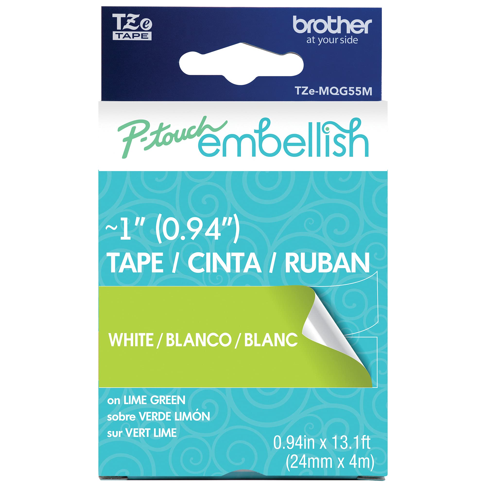 Brother P-Touch Embellish White Print on Lime Green Tape TZE-MQG55M - ~1" Wide x 13.1’ Long (24mm x 4m)