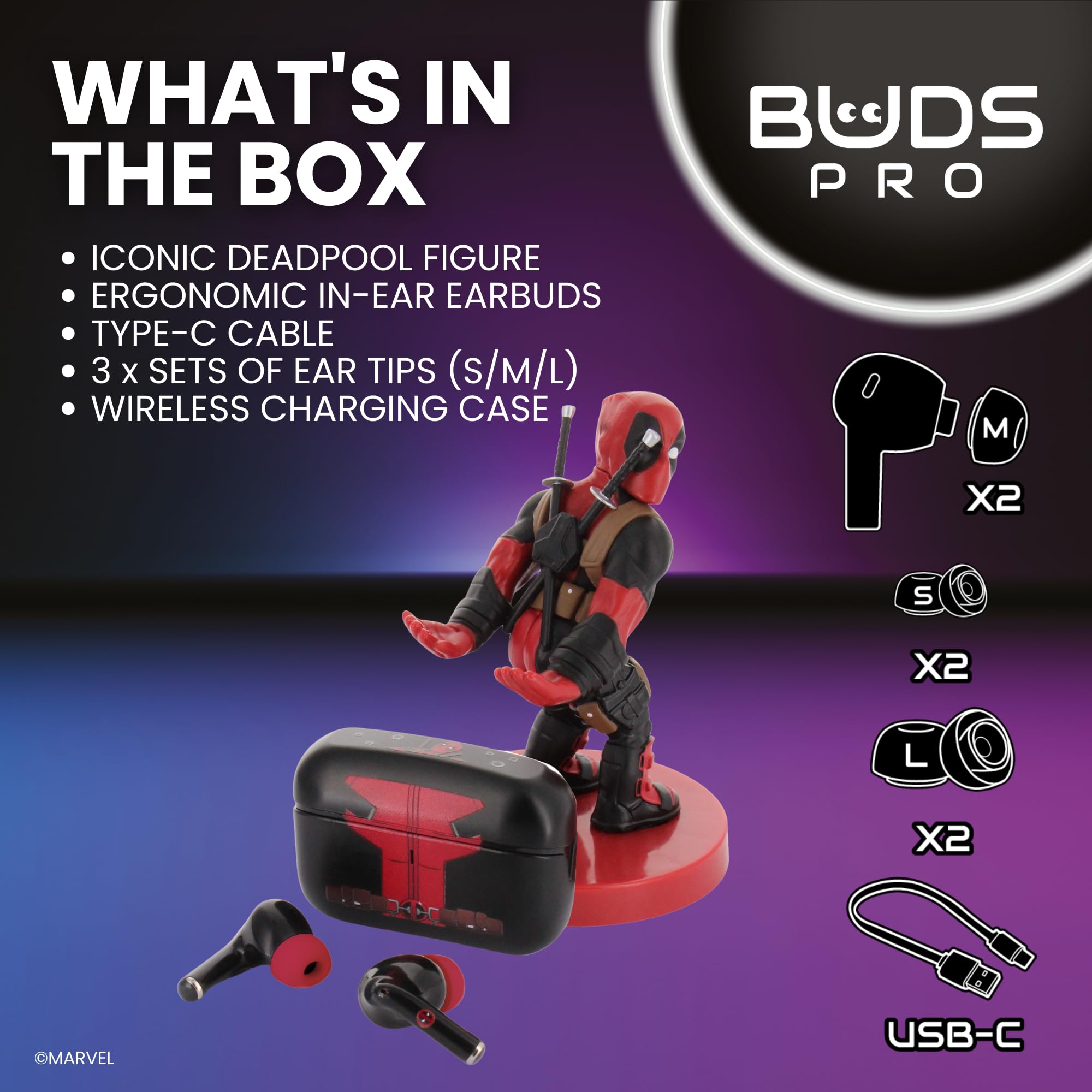 Buds Pro Marvel Deadpool Auriculares inalambricos Bluetooth y Soporte movil - Cascos inalambricos in ear con microfono, 28+ horas de reproducción, Auriculares cancelacion ruido con certificación IPX4