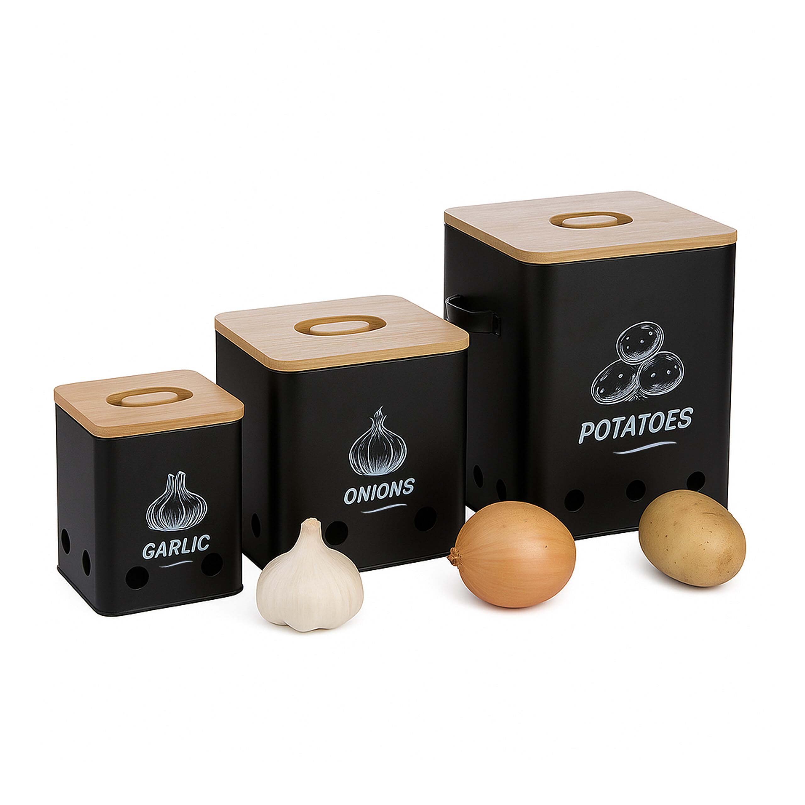 Relaxdays Potato Storage Box, Onions, Garlic, Set of 3, with Holes, Metal, Bamboo Lid, Black/Natural