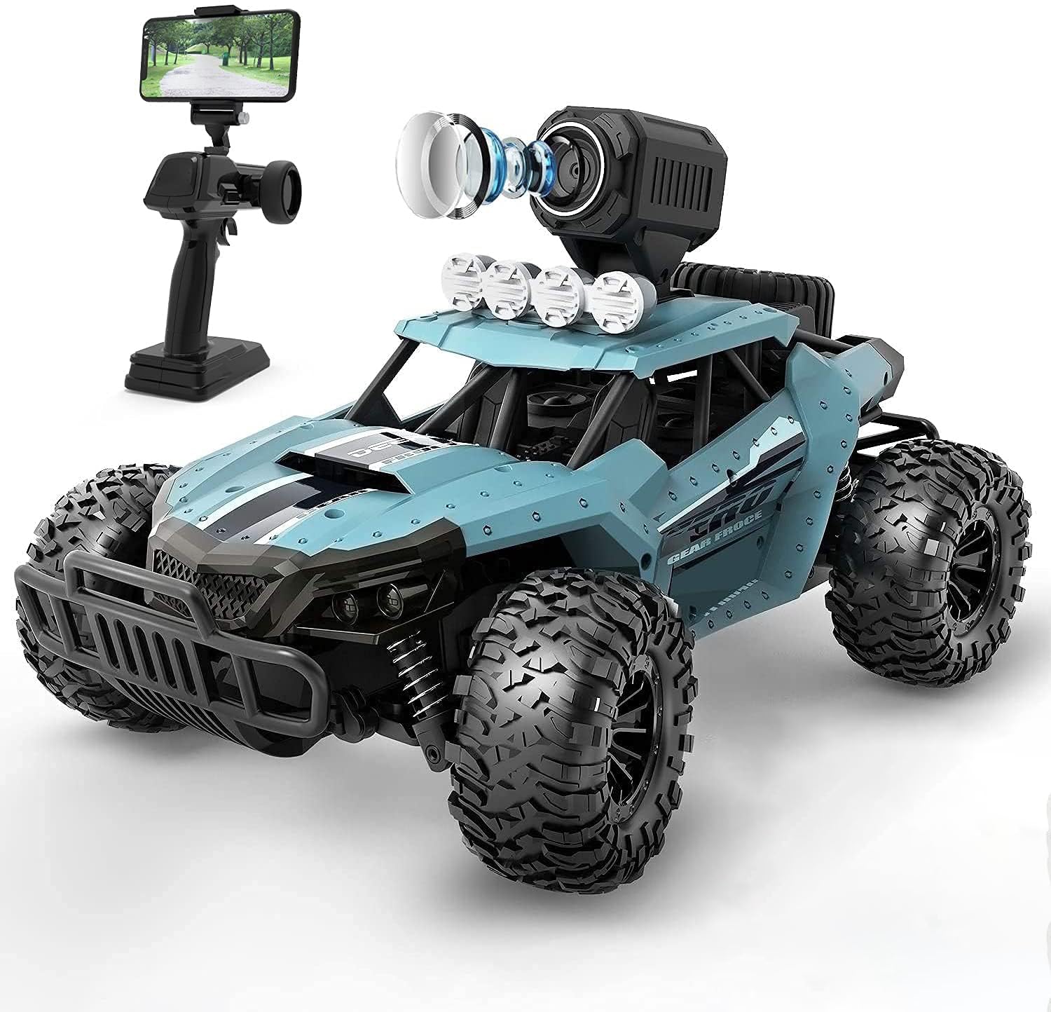 DEERC Coche teledirigido 1:16 RC Truck con cámara de 1080P, transmisión WiFi de 2,4 GHz, 2 baterías, 60 Minutos de Tiempo de reproducción, para Adultos y niños (36 W)
