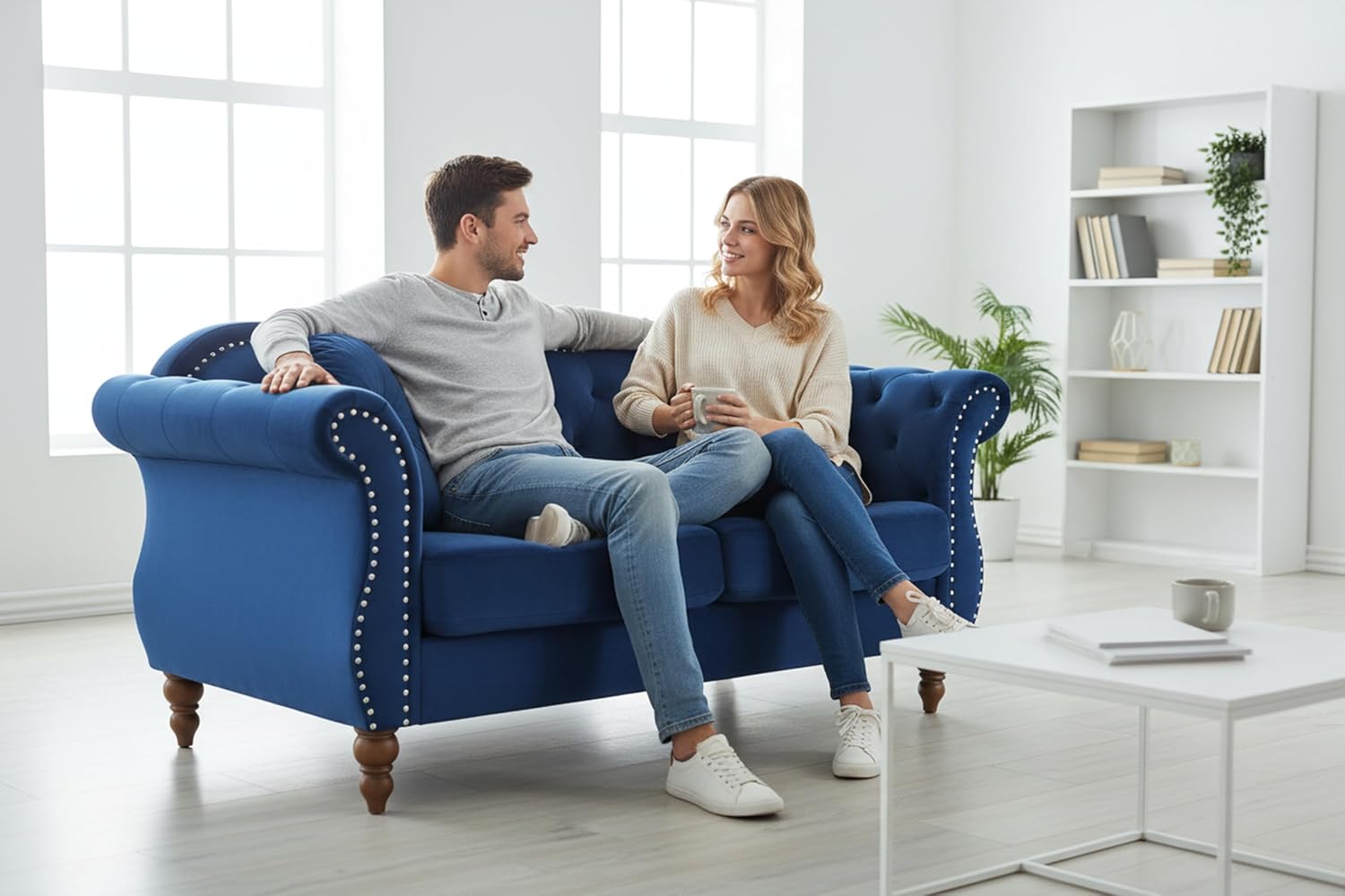 Anna1 Chesterfield Velvet Couches for Living Room, Button Tufted Luxury Upholstery with Rolled Arms, High-Density Foam, Durable Wood Frame, 65.5" Loveseat, Blue