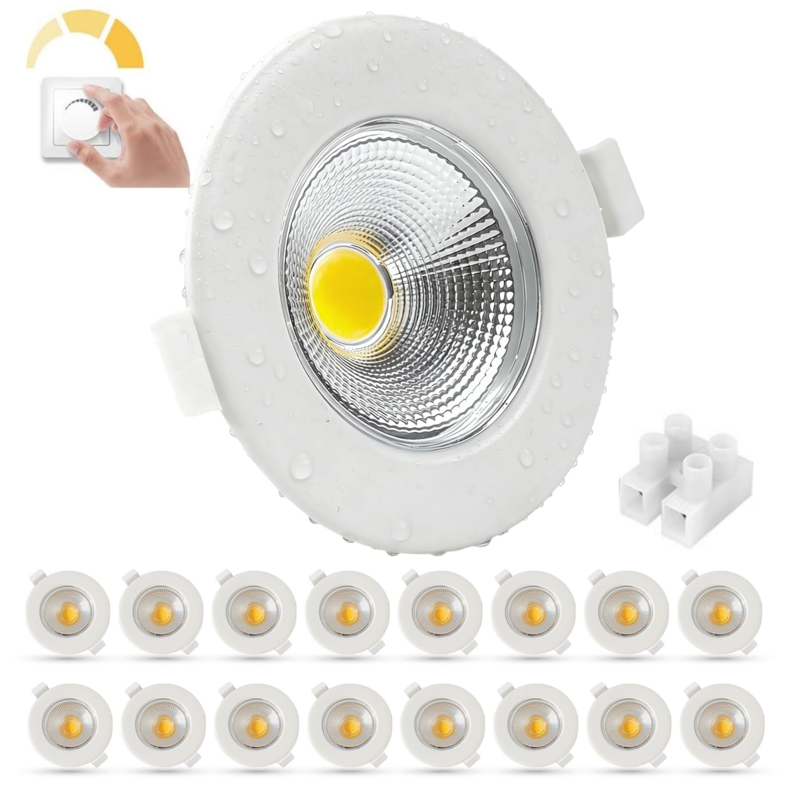 HiBay 16er Set LED Einbaustrahler 230V dimmbar IP44, 7W COB Spot Weiß, 600lm Warmweiß 3000K, Lochmaß 65-85mm, für Badezimmer Küche Wohnzimmer