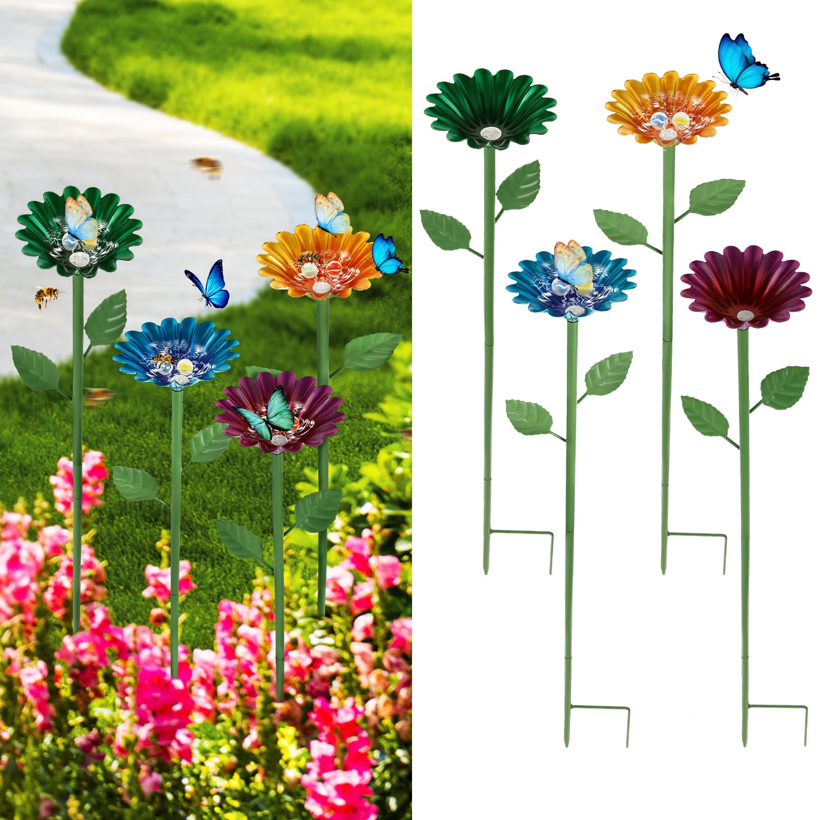 4 Pack Bee Watering Station for Garden Iron Bee Watering Cups with Glass Marble and Flower Design Flower Stakes Bird Feeders Bird Drinking Cup for Outdoor Beehive Grassland Flowerpot Accessory