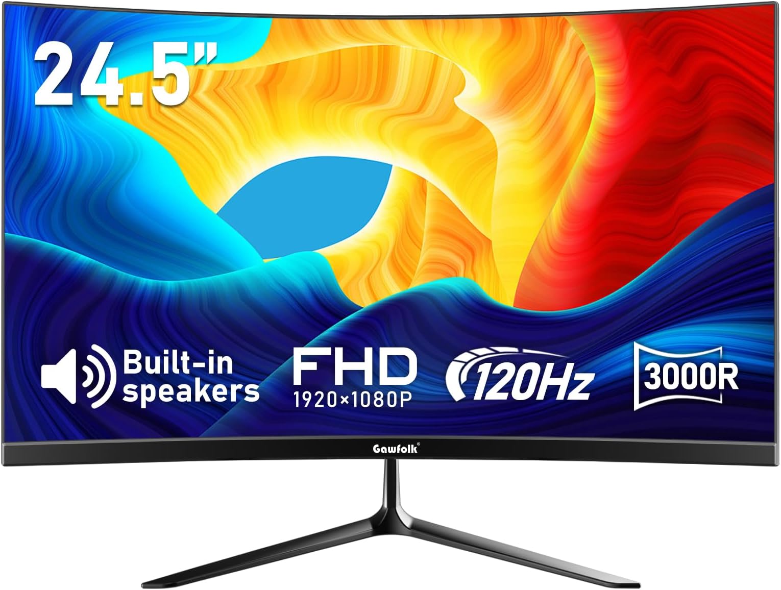 Gawfolk 24.5 Inch Gaming Curved Monitor 3000R 120Hz PC Screen Full HD 1080P