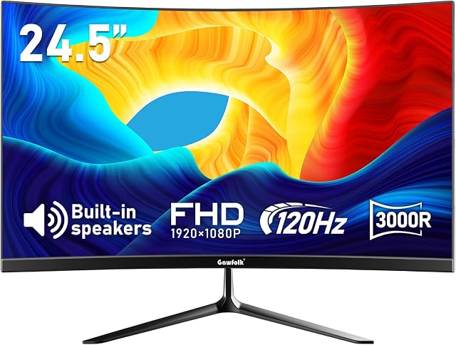 Gawfolk 24.5 Inch Gaming Curved Monitor Built-in Speakers, 3000R 120Hz PC Screen Full HD 1080P, HDMI 2.0, VGA, Wall Mount Compatible 75 * 75mm