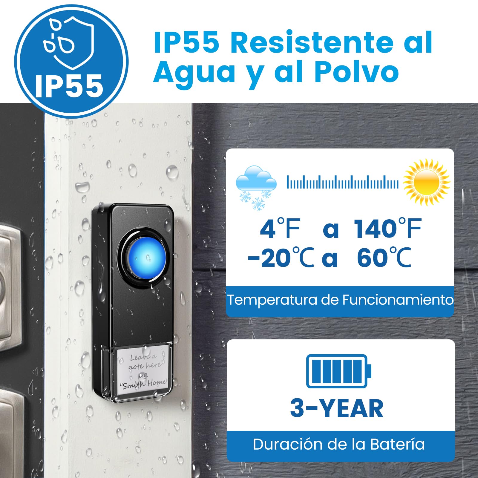 WiFi Timbre Inalámbrico Exterior Impermeable, Compatible con Aplicación Smartphone, Timbre Casa Fuerte 0-110dB 32 Melodías, Campainha Sem Fios Exterior Notificación Remota, Doorbell con Flash LED