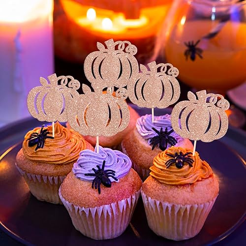 Miniatura 3 de Rsstarxi Paquete de 24 adornos de calabaza para cupcakes con purpurina para baby shower de niños y niñas, decoración de cupcakes de cumpleaños para