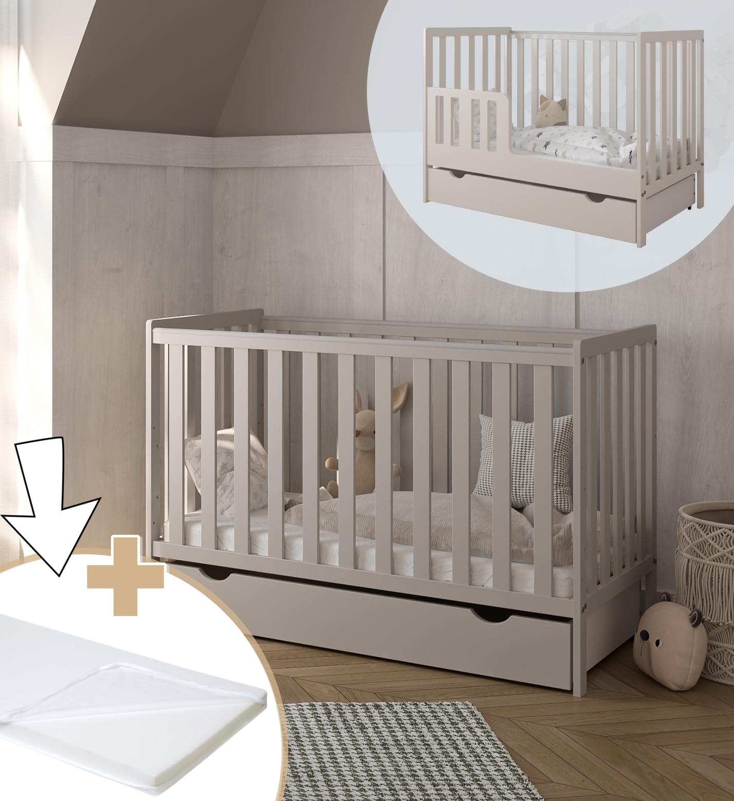 zee Bambi Kaschmir Babybett 120x60 cm 2in1 mit Matratze, Schublade & Schutzbarriere Klassisches Gitterbett 3-Fach Höhenverstellbar Kinderbett mit Beißschutz & zu Juniorbett umbaubar