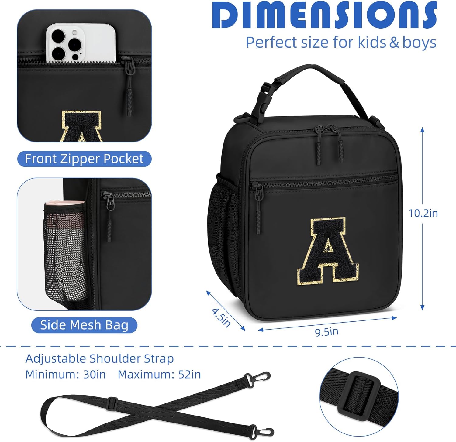 Initial Insulated Lunch Bag for Boys Kids, Back to School Gift, Reusable Leak-proof Lunch Box with Adjustable Strap for School Daycare Travel Picnic（Black，A） - Image 3