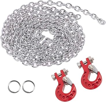 RC Crawler Car Metal CNC Tow Chain with Trailer Winch Hook Scale Accessories for 1/10 1/12 1/14 RC Rock Truck Car Vehicles Update PartsSilver/Red
