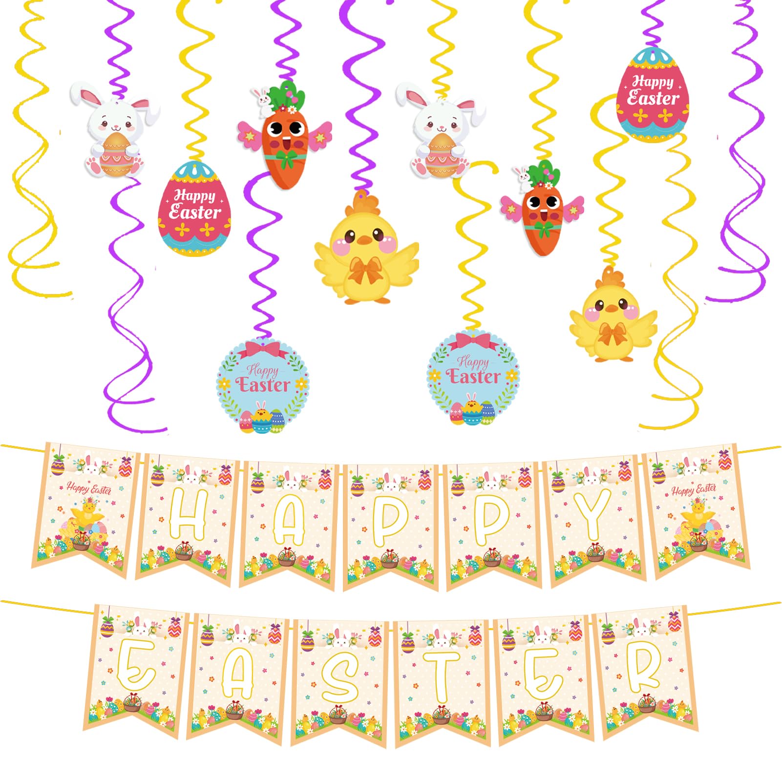 Easter Decorations, Happy Easter Banner Bunting, Hanging Bunny Egg Swirls Garland Party Supplies Decor Set (Easter)
