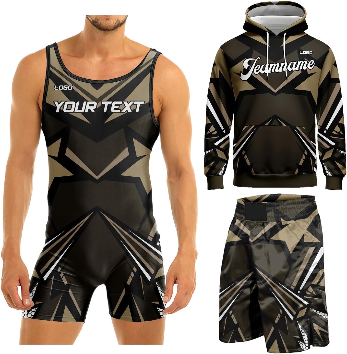 Custom Men's Armor Tracksuit 3 Pieces Set Hoodie Shorts Wrestling Singlet