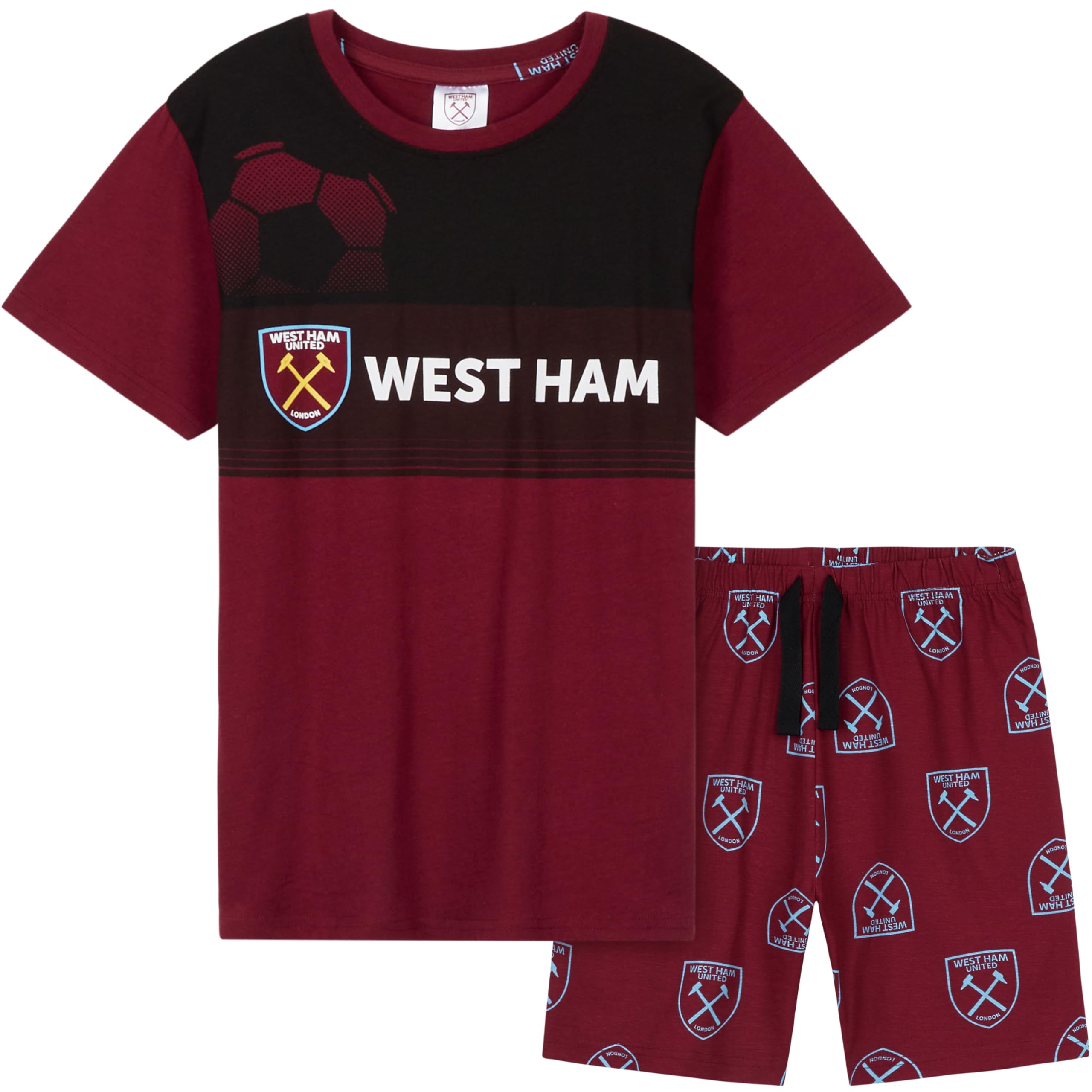 West Ham United F.C. Boys Short Pyjamas Set Breathable Loungewear West Ham Gifts (Burgundy, 11-12 Years)