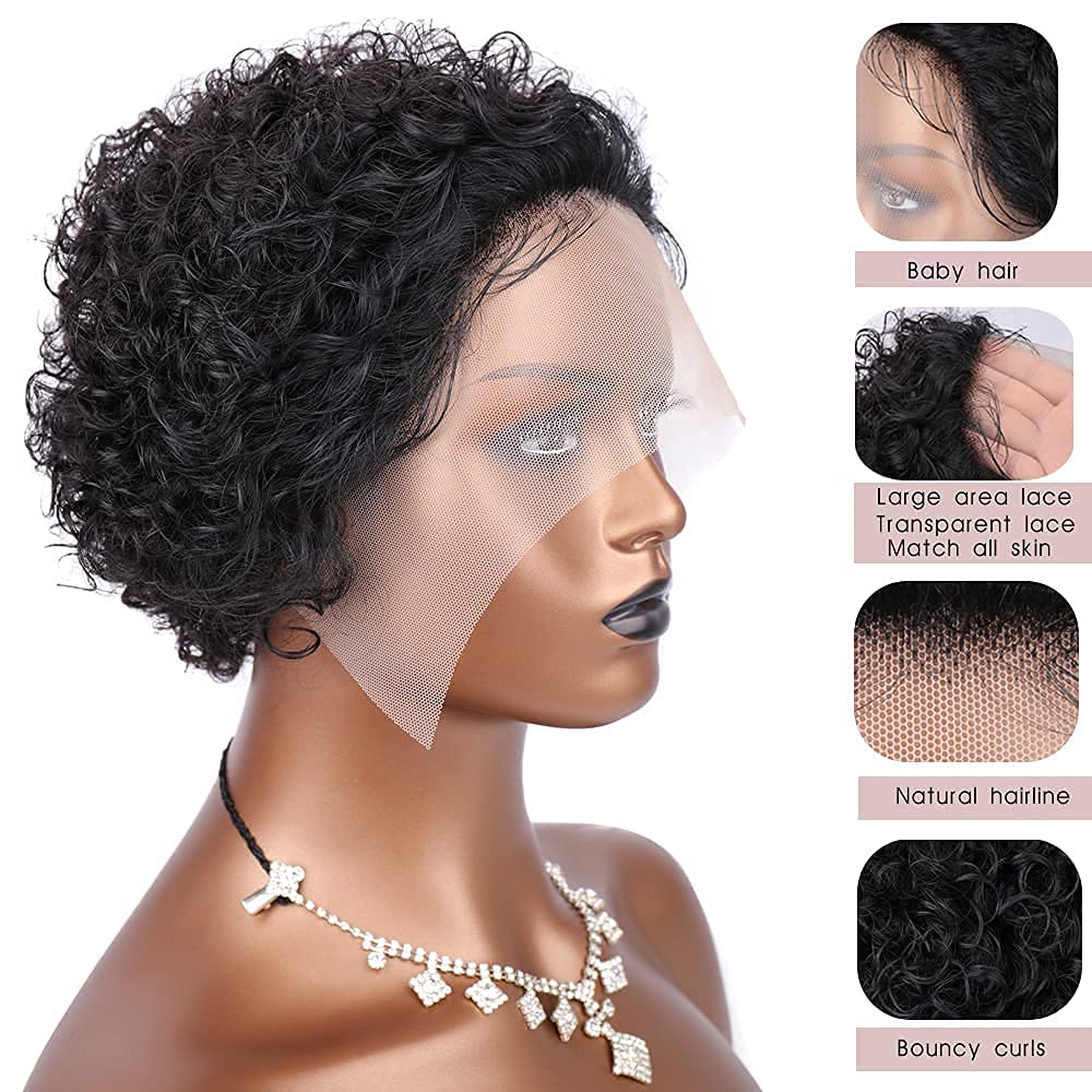 13 x 1 parrucca anteriore in pizzo corto umano capelli parrucca donna brasiliana naturale ricci capelli umani parrucca 150% densità (nera)