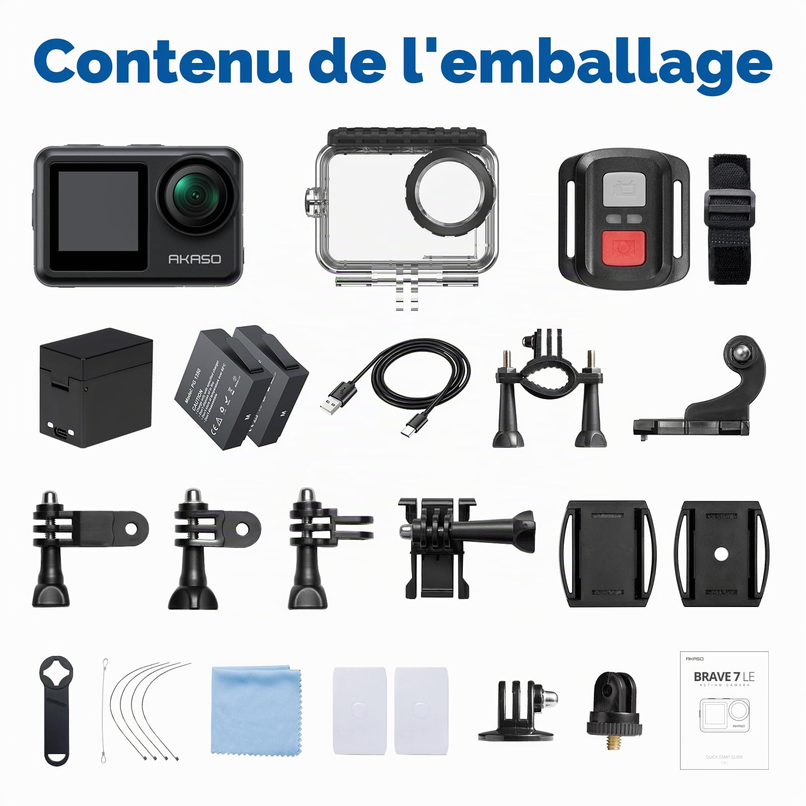 AKASO Brave 7 Le Caméra Sport avec Carte 128 Go, Action Cam 4K 30FPS WiFi | 20MP Camera Étanche IPX7, Carte 128 Go Incluse, Boîtier 40M, Double Écran, Tactile, Stabilisateur EIS, Kit d'Accessoires