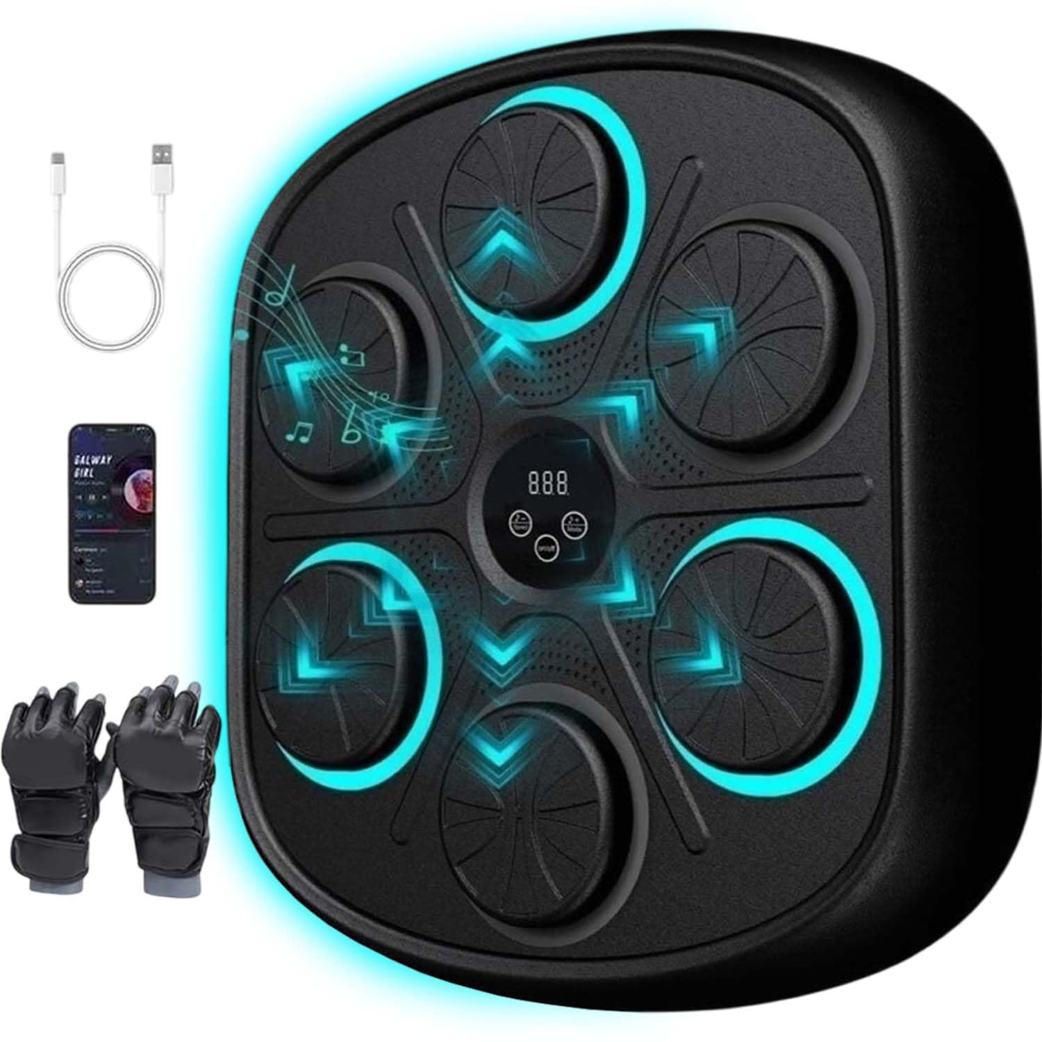 Maquina Boxeo Musical Pared 9 Velocidades, Fácil Instalación Sin Taladros, Conexión Bluetooth, Recuento de Golpes, Luces al Ritmo de la Música, Incluye Guantes