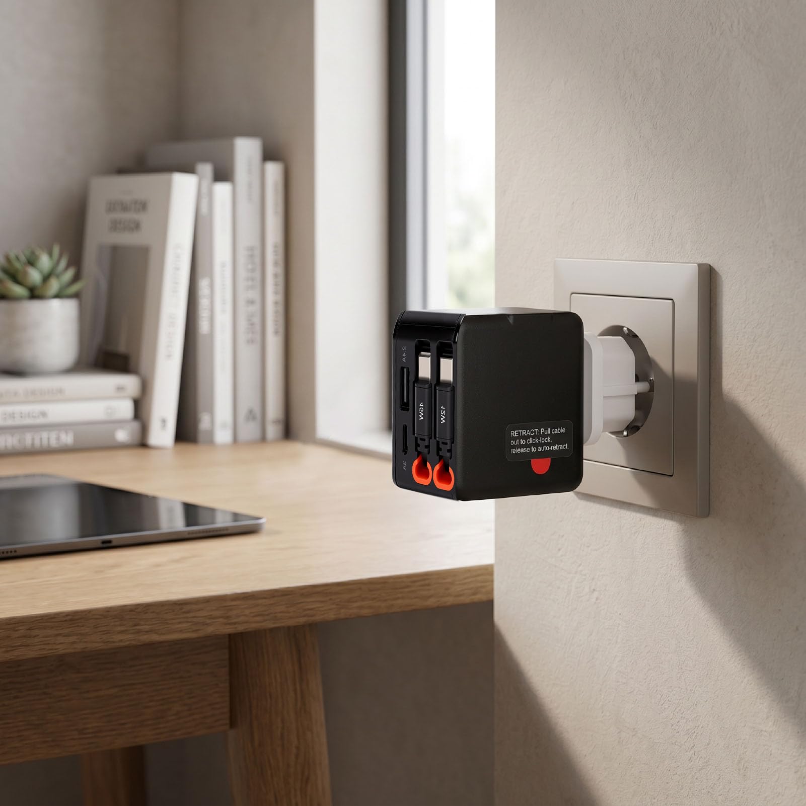 Cocoarm Caricabatterie da Muro, Caricabatterie Tipo C 4 in 1 ABS da 81 W con Cavi Retrattili, Ricarica Rapida USB C1 PD 45 W, Ricarica per 4 Dispositivi, da Viaggio Compatto per Viaggi in Ufficio a
