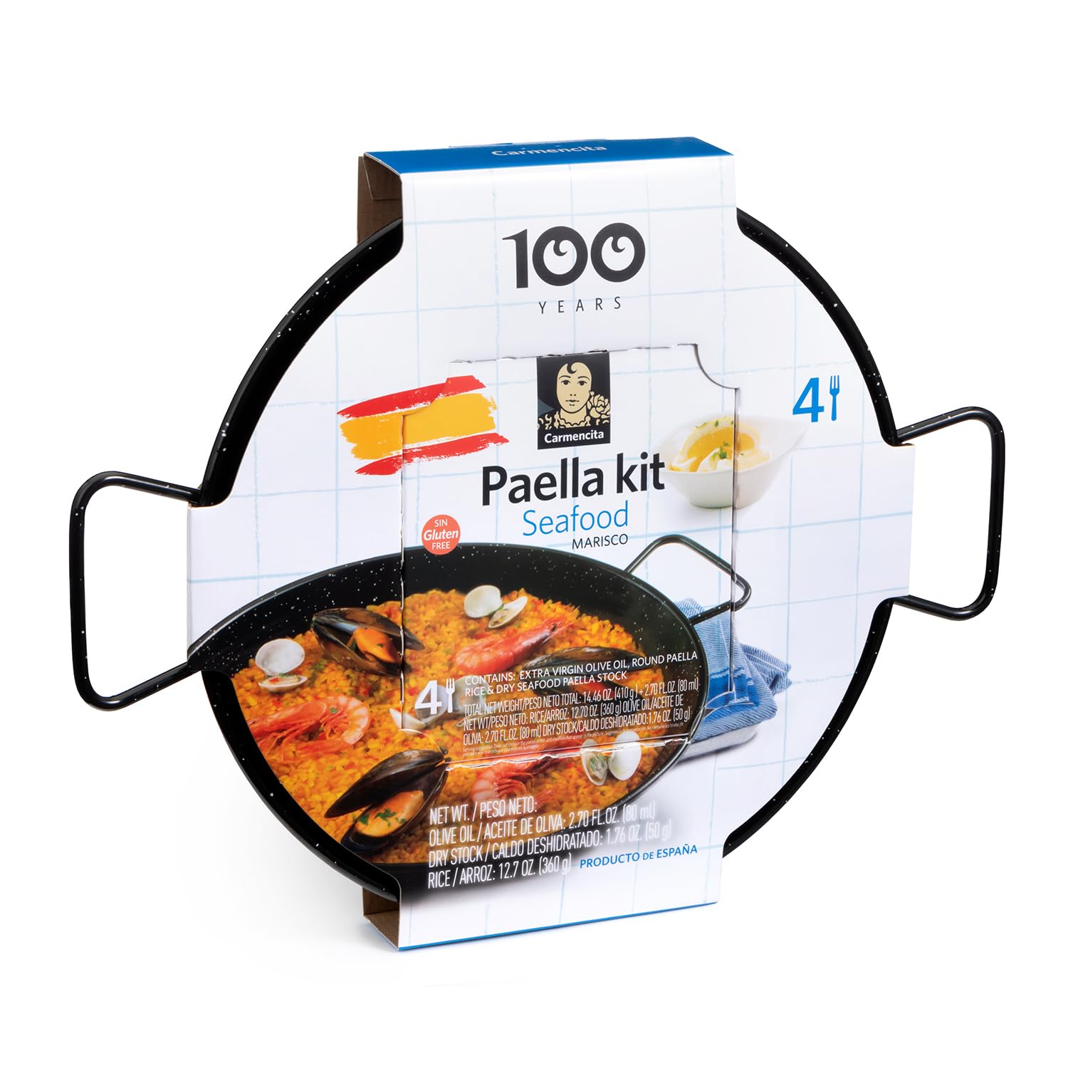 Carmencita Seafood Paella Kit with Enamelled Pan – Complete Set for 4 People with Rice, Olive Oil and Dehydrated Broth for Traditional Paella Seasoning, Gluten Free Spanish Cooking Kit