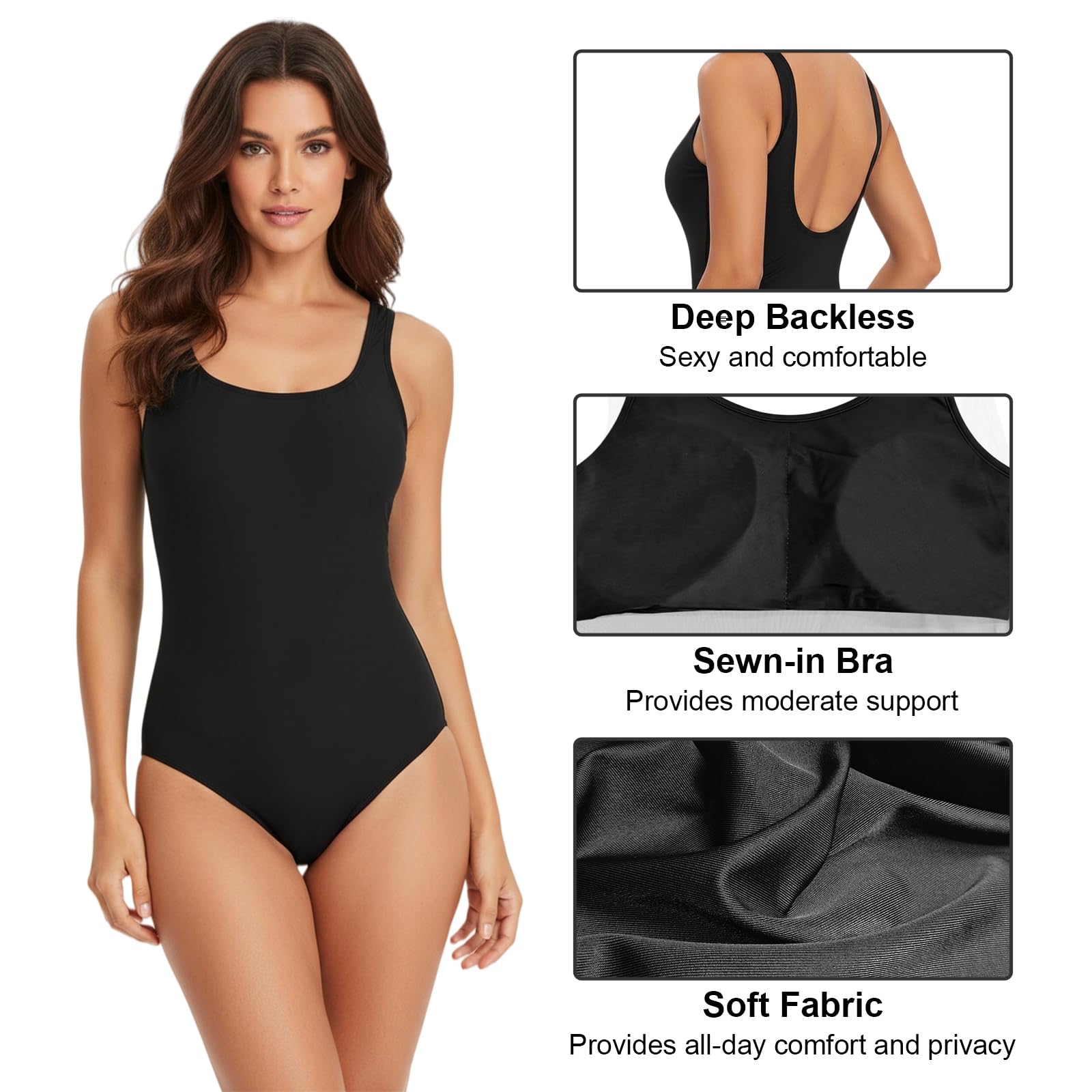 Maillot de Bain Femme 1 Pièce, Maillot Une pièce Athlétique, Soutien Gorge Intégré, Dos Nu Bikini Sexy, Noir