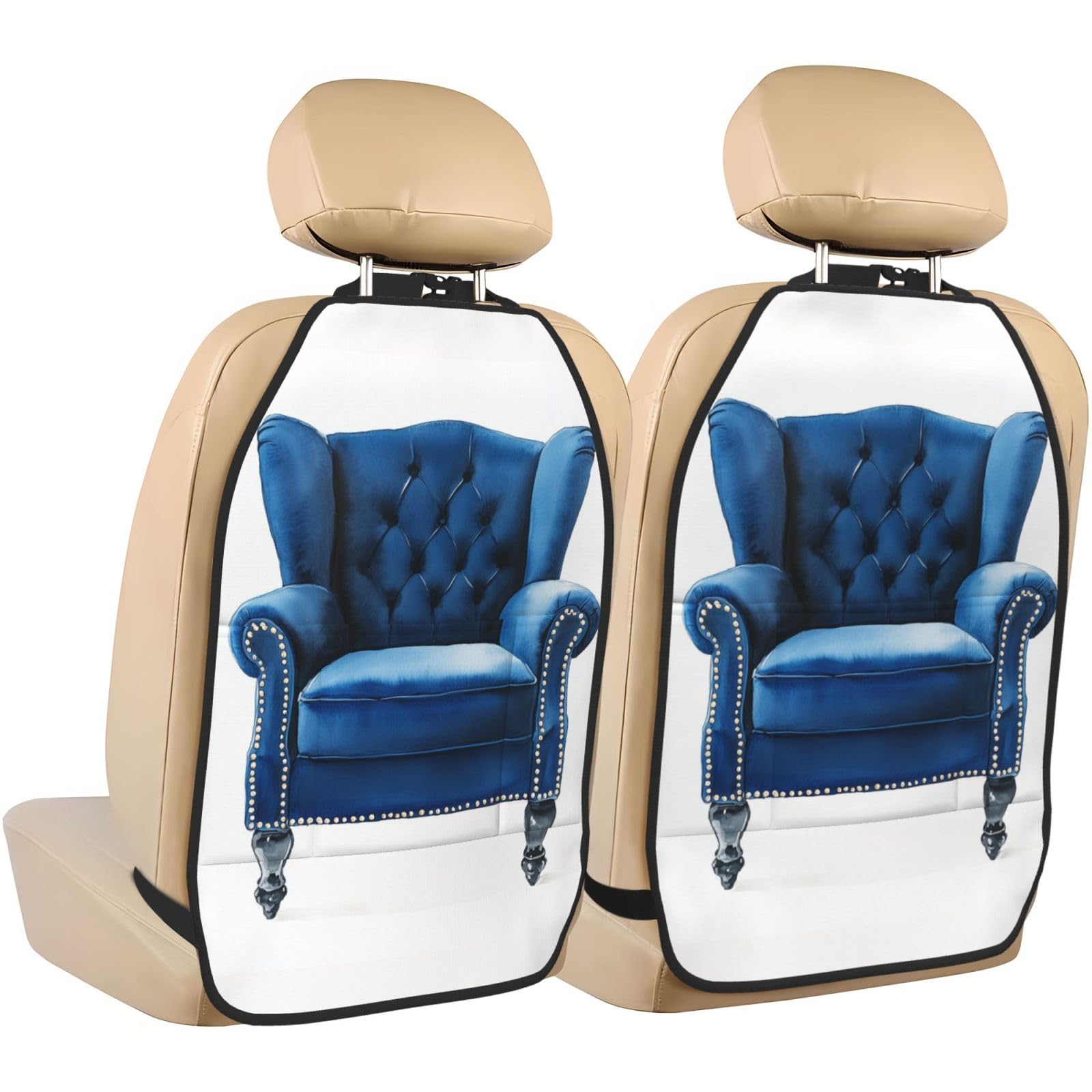 Watercolor Preppy Blue Velvet Chair Car Seat Back Kick Protectors,2 Pack Kick Mats With Storage Pockets For Vehicles To Protect From Dirt Mud Scratches