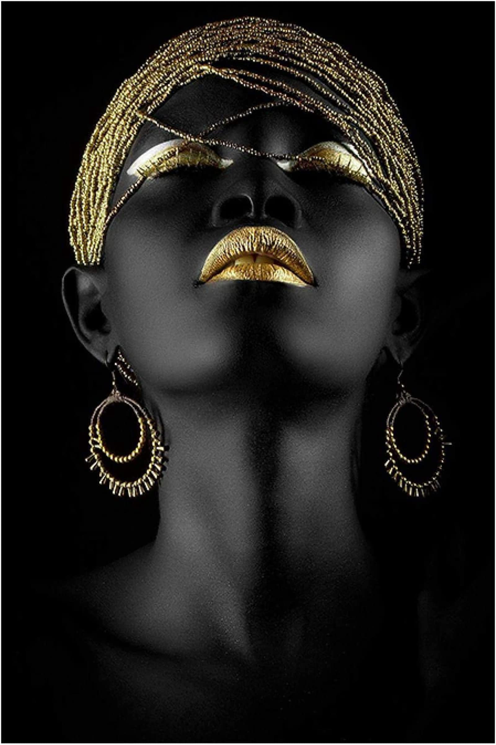 Leinwand Malerei Afrikanische Goldene Lippen Frau Bilder Kunstdruck für Wohnzimmer Schlafzimmer Wandbilder Deko Rahmenlos (80X120CM)