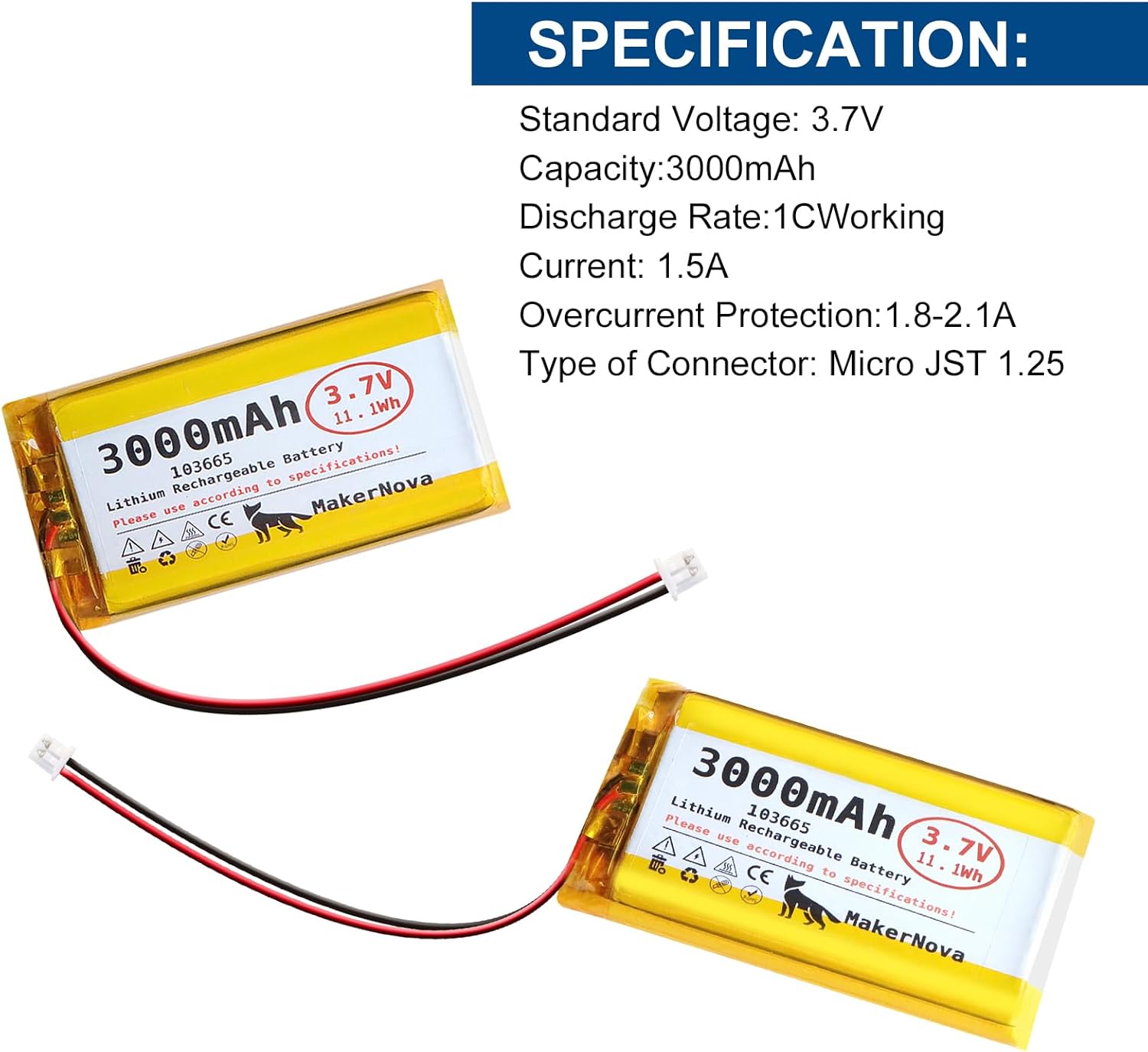 4 Pack 3.7V 103665 3000mAh LiPo Battery, 1S 3C Rechargeable, Micro JST 1.25 Connector, Dual Protection Board,