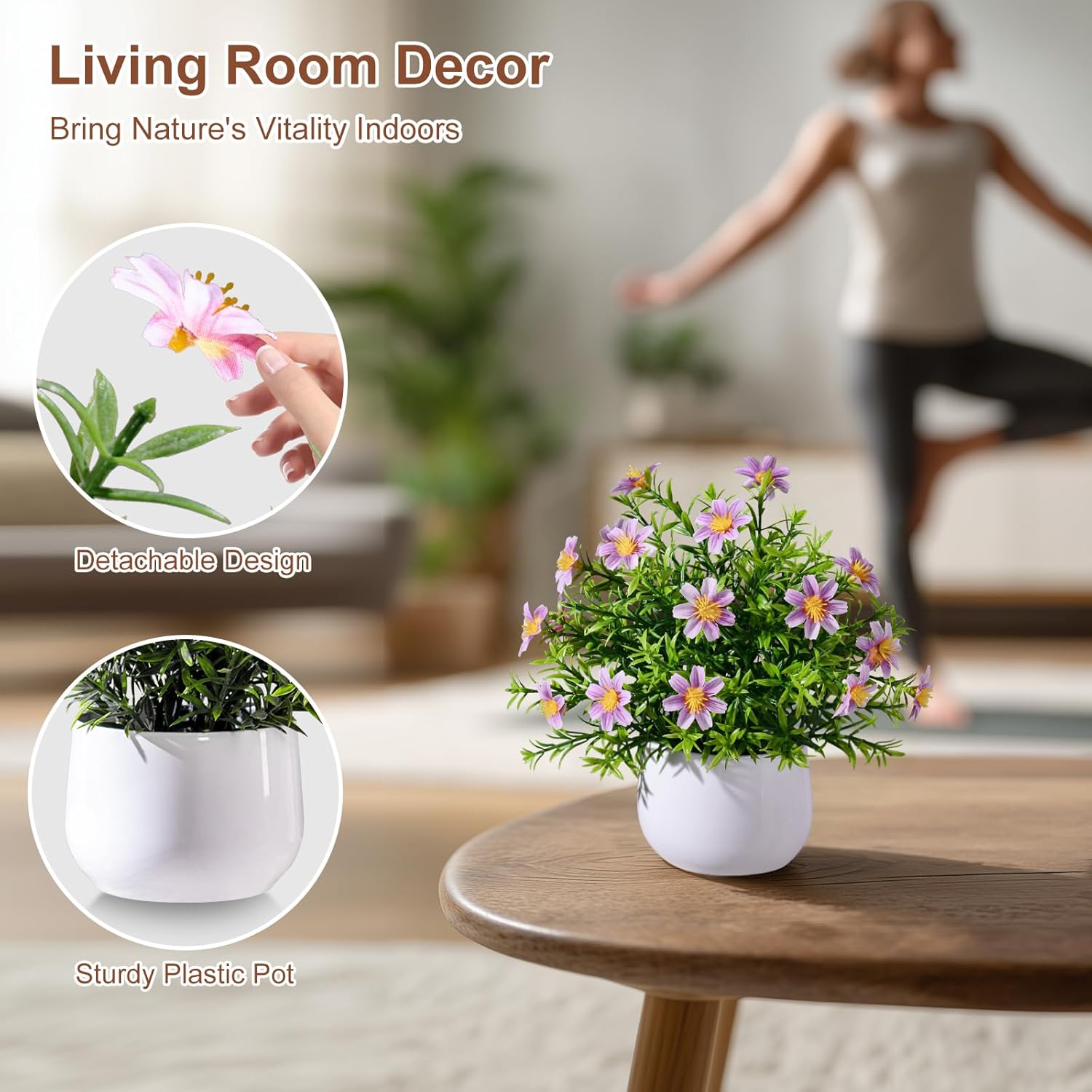 3 Pack Small Fake Plants Artificial Potted Flowers for Indoor Mini Faux Plants with Flowers Greenery for Home Decor Living Room Bathroom Bedroom Office Table Shelf (White+Pink+Purple) - Image 7