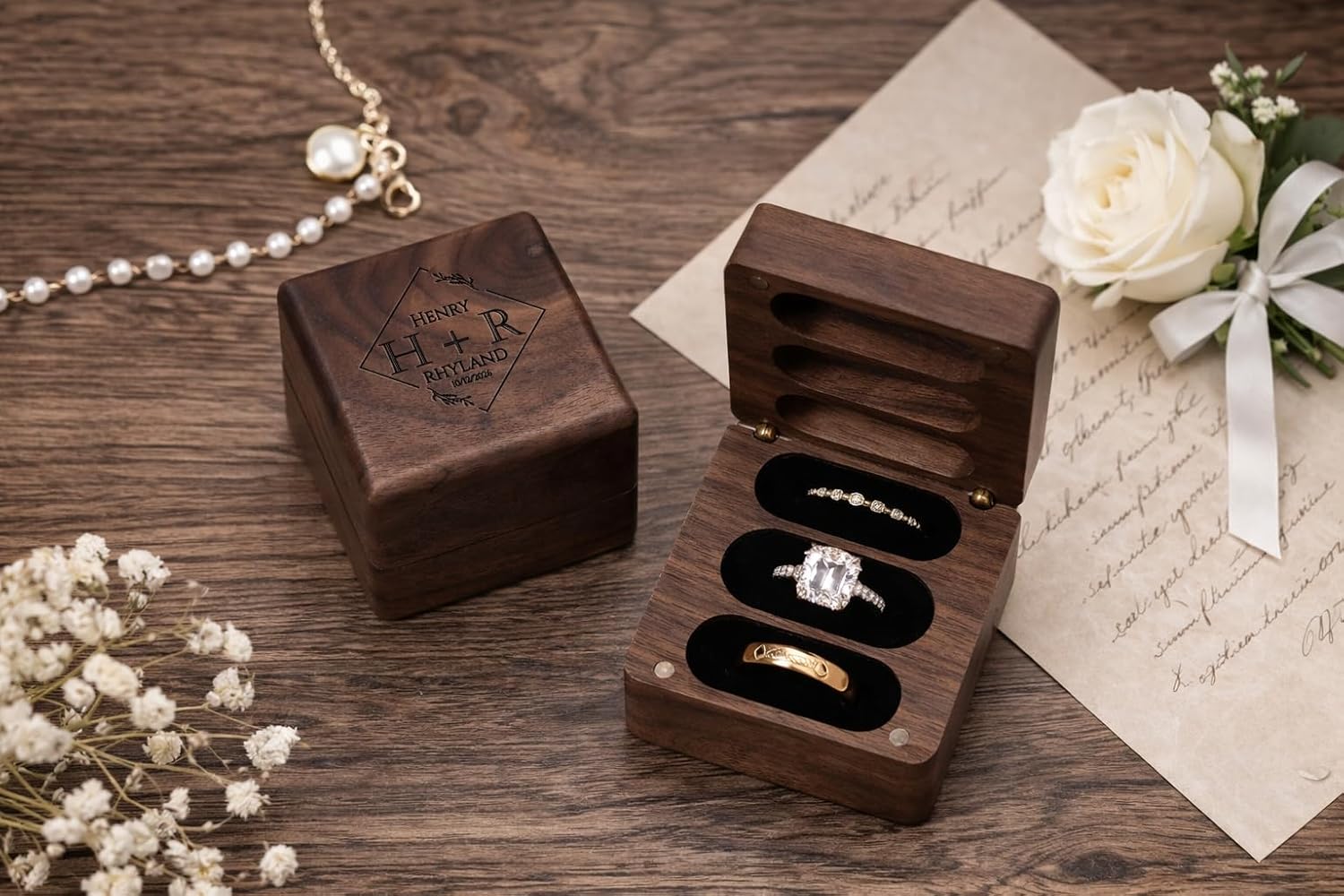 Personalized Square Wedding Ring Box. Fits 3 Rings. Made from Real Walnut Wood, Wedding Ring Holder (5) - Image 6