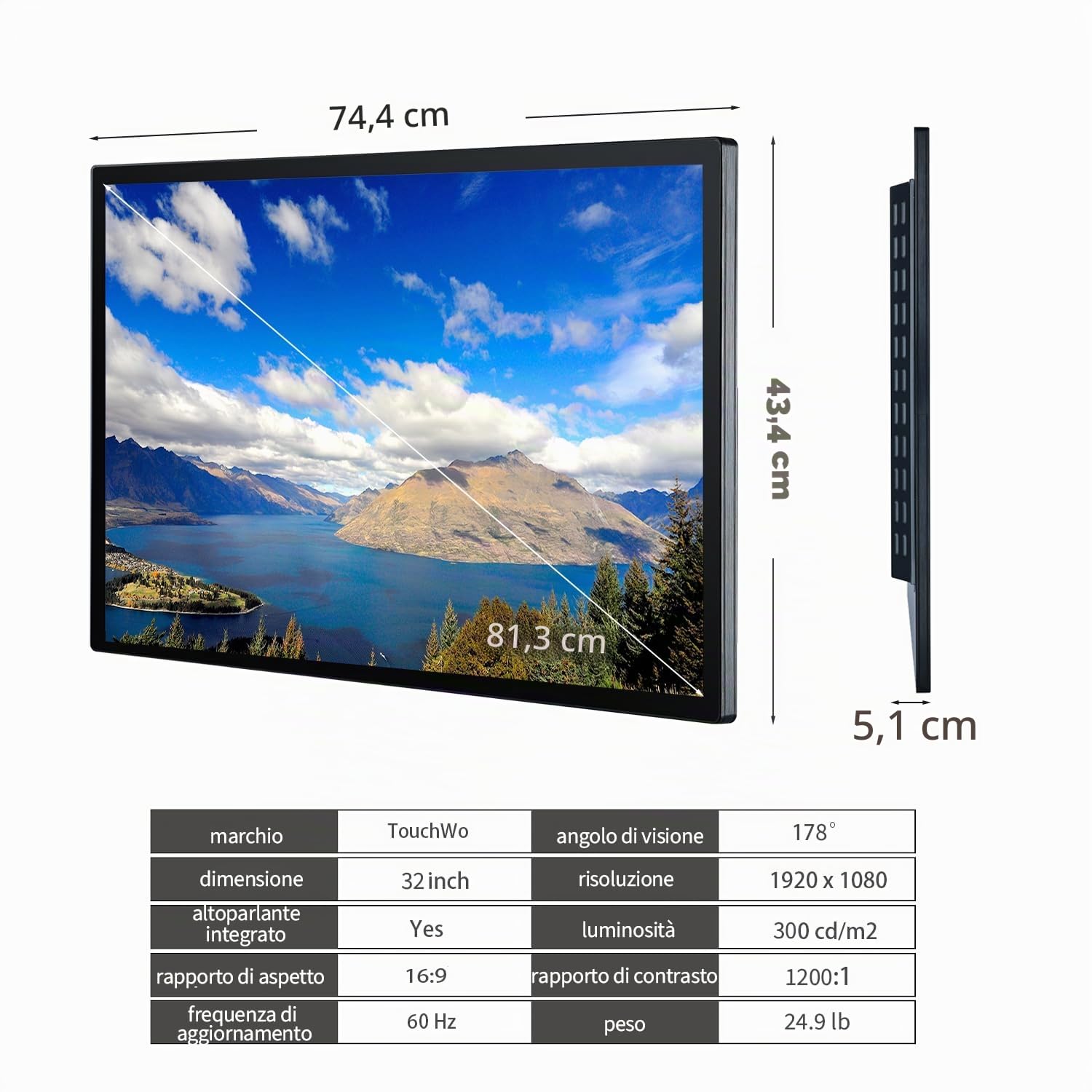 Monitor touch screen capacitivo industriale da 32 pollici, display 16:9 1920 x 1080P, porte USB, VGA, DVI e HD-MI, display per segnaletica digitale