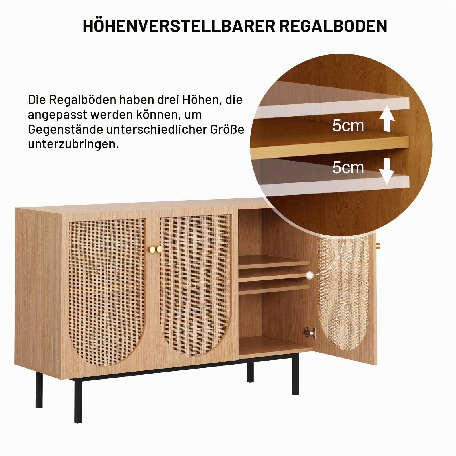 Rattan-Schrank mit 3 Türen, Holz Sideboard mit Metallgriffen