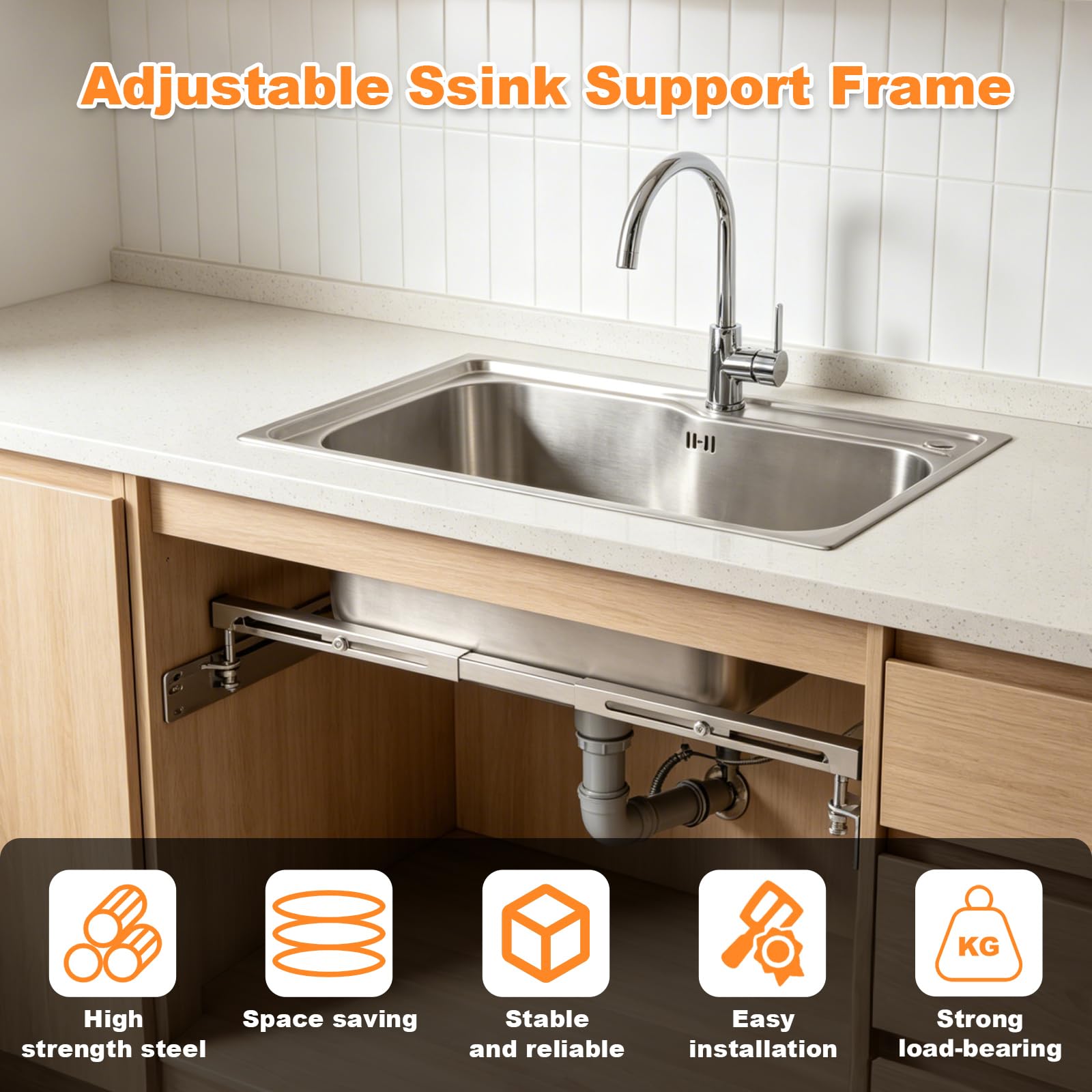 2 soportes para fregadero de montaje inferior, 51-80 cm, kit de instalación ajustable de acero inoxidable para fregadero de cocina y baño, soportes de fregadero de montaje inferior, 50,8-80 cm