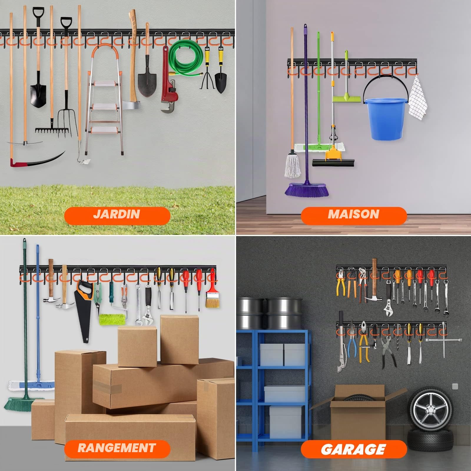 TVKB Organisateur d'outils de jardin entièrement en métal de 172,7 cm - Réglable - Support mural - Avec crochets - Cintres à outils pour garage