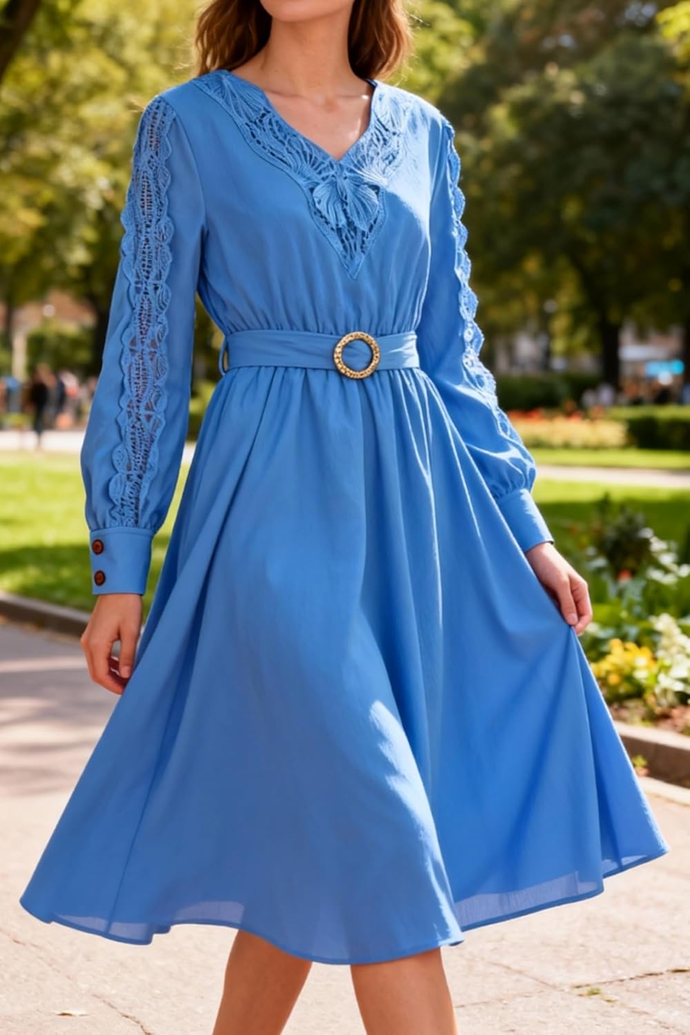 Women's 2026 Spring Dresses Long Puff Sleeve Crew Neck A Line Elastic Wasit Embroidery Formal Casual Midi Dress - Image 3