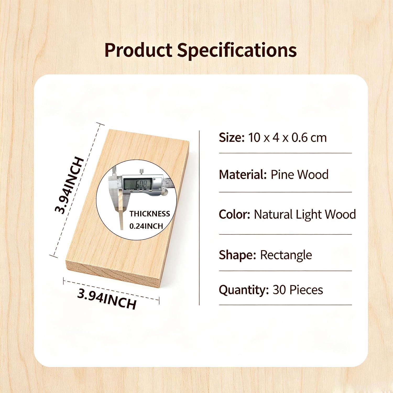 30 Pack Unfinished Pine Wood Squares, 3.9x1.57x1/4 inch Blank Square Wood Tiles with Rounded Corners for Coasters, Wood Burning, Laser Engraving, Painting, DIY Crafts & Holiday Decor