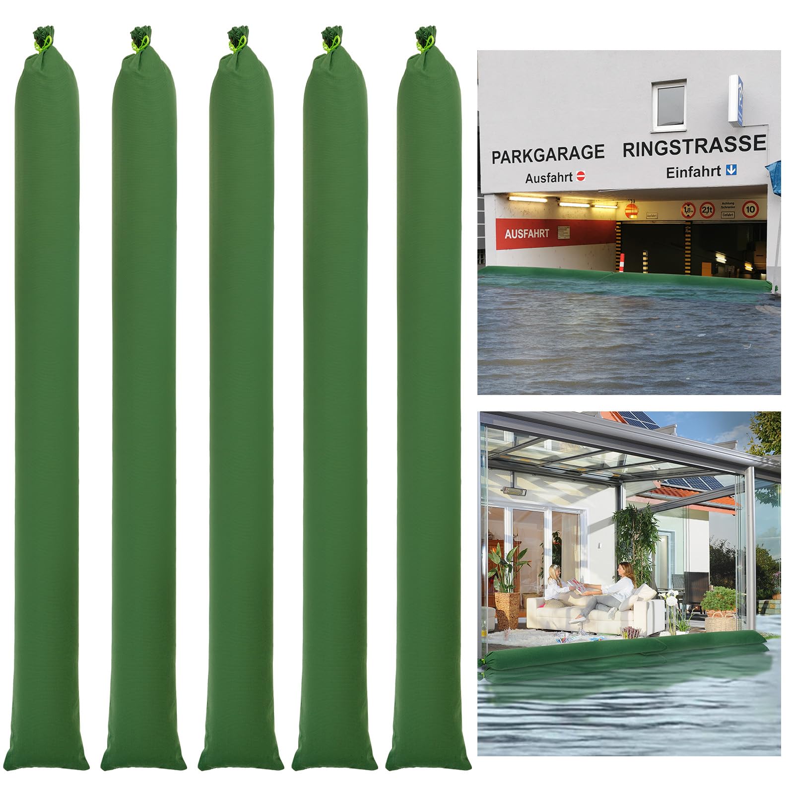 POFIBO Barrera Anti Inundaciones, 5 Sacos de Arena de Lona Gruesa Reutilizables, Apto para Garajes, Puertas, Sótanos, Ventanas, Anti Inundaciones (215 x 19 cm, Verde)