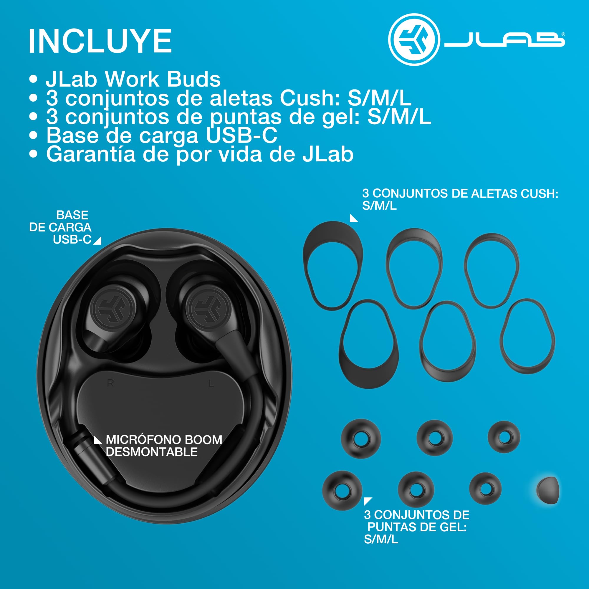 JLab Work Buds Auriculares Inalámbricos Bluetooth con Micrófono - 55h | Wireless Earbuds con Caja de Carga, Inalámbrico, Auriculares Oficina Teleoperador