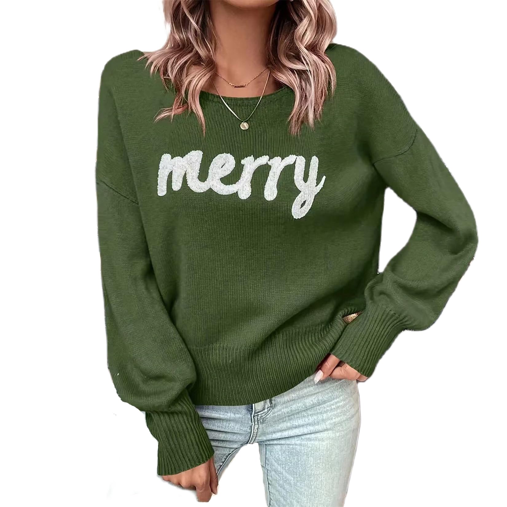 iTranyee Women Ugly Christmas Merry Print Sweater Xmas Casual Loose Long Sleeve Crewneck Pullover Sweater Cute Holiday Jumper