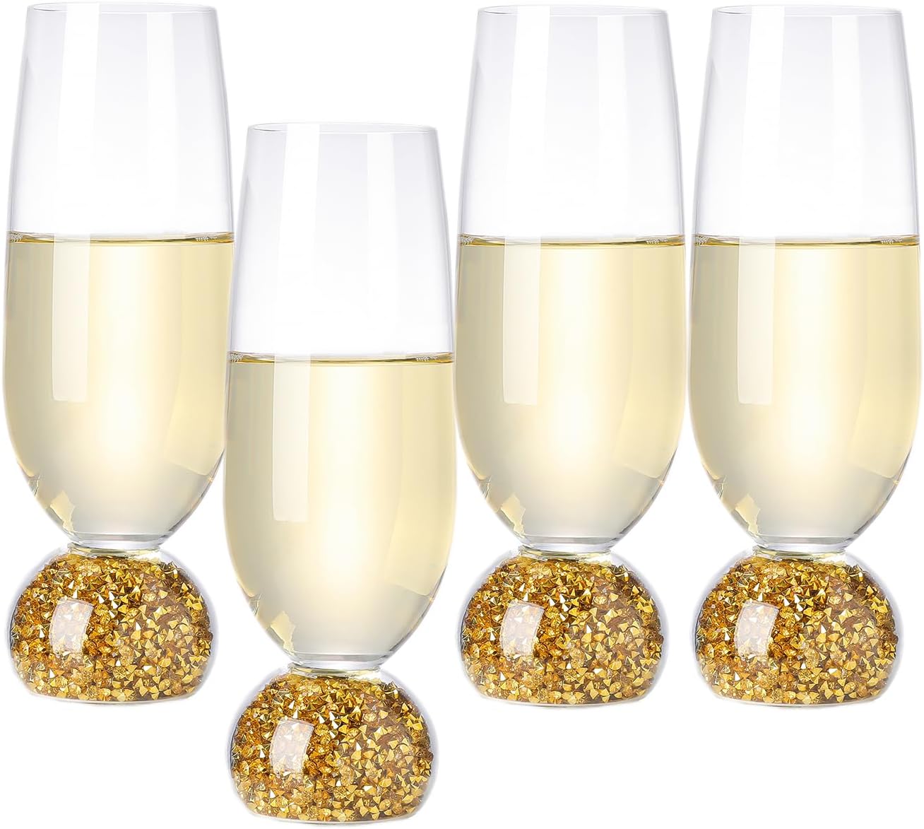 Hanjue Lead-free Crystal Champagne Glasses Set of 4, 7 Oz Clear Champagne Flutes, Ideal for Gifts, Parties,Wedding,Christmas - Long-lasting and Reusable Bar Glassware (Gold crushed diamonds)