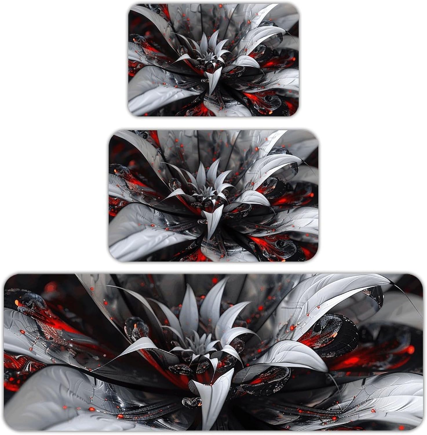 Grey and White Petals Kitchen Mats for Floor 3 Pcs Kitchen Rugs