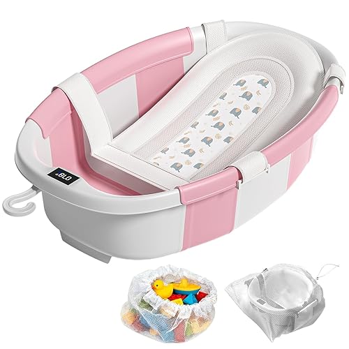 Collapsible Baby Bathtub, Baby Tubs for Newborns with Soft Cushion & Thermometer & Toy Organizer Mesh Bag, Infant Bathtub to Toddler 0-36 Months,