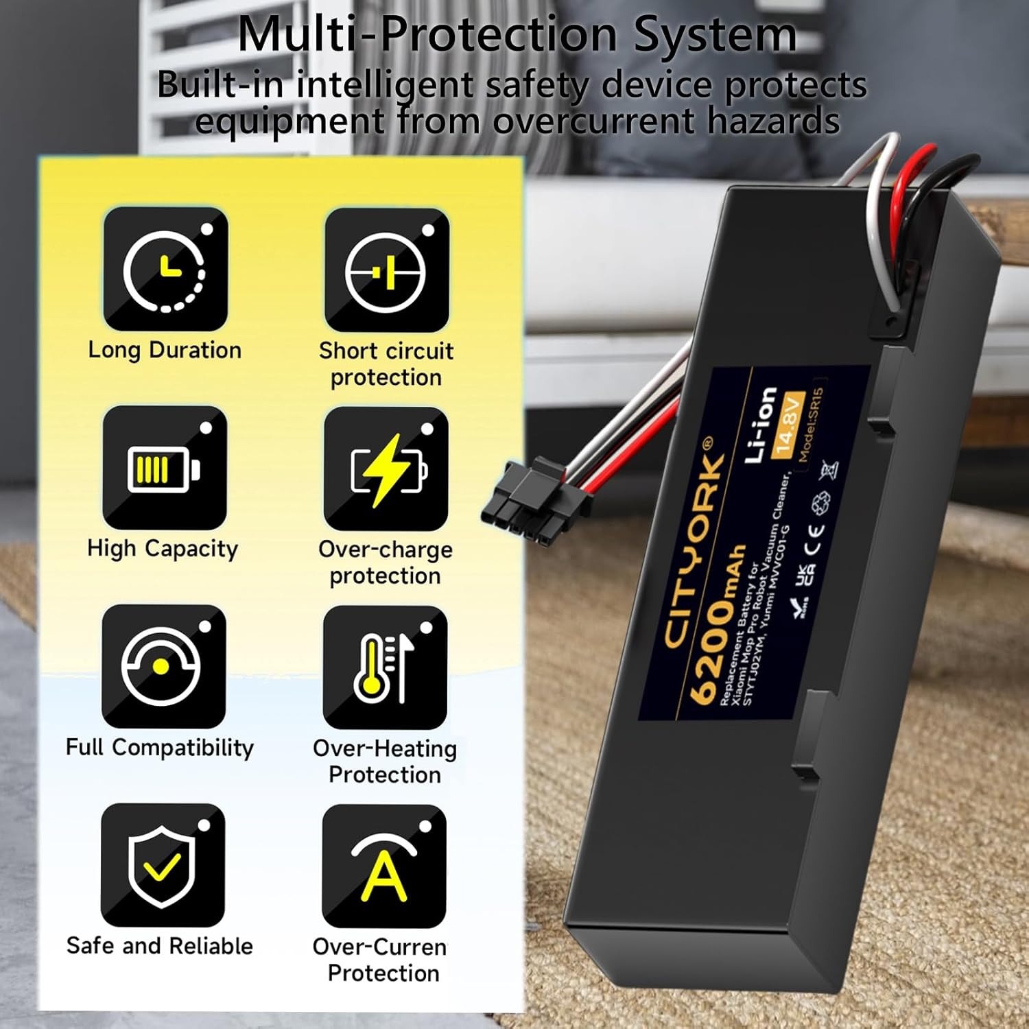 Replacement Battery for Wyze Robot WVCR200S Vacuum, for Xiaomi STYTJ02YM, Xiaomi Mop P/Mop Pro/Xiaomi Mop 2S, Haier JX37, Yunmi MVVC01-G Pro, Conga 3290 3390 3490 Vacuum Cleaner, 14.8V