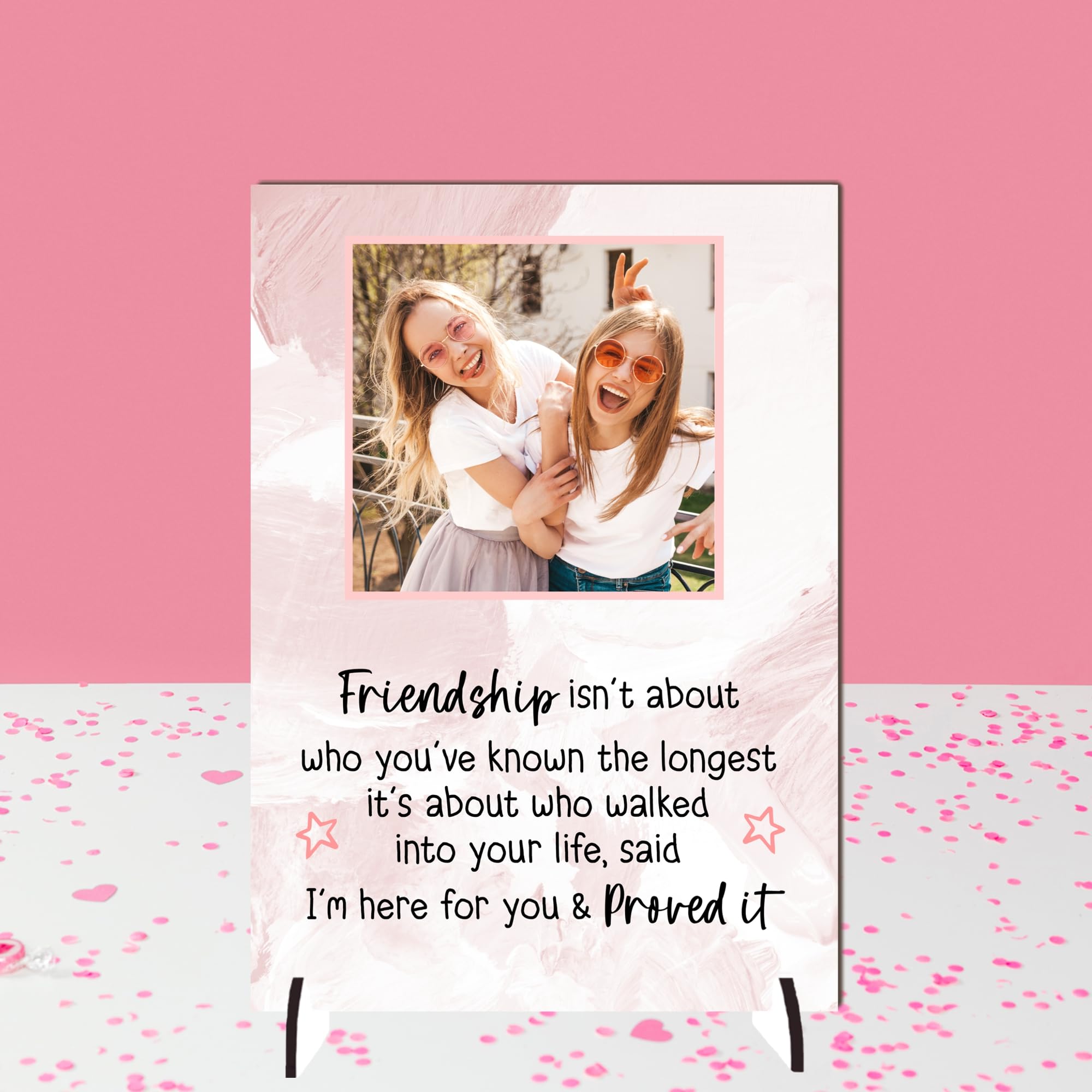 Personalised A5/A4 Friendship Plaque - Heartfelt Gift with Custom Photo - Freestanding MDF or Acrylic Plaque with Inspiring Quote (Pink Marble, Mdf Wood A4 30cm x 21cm)