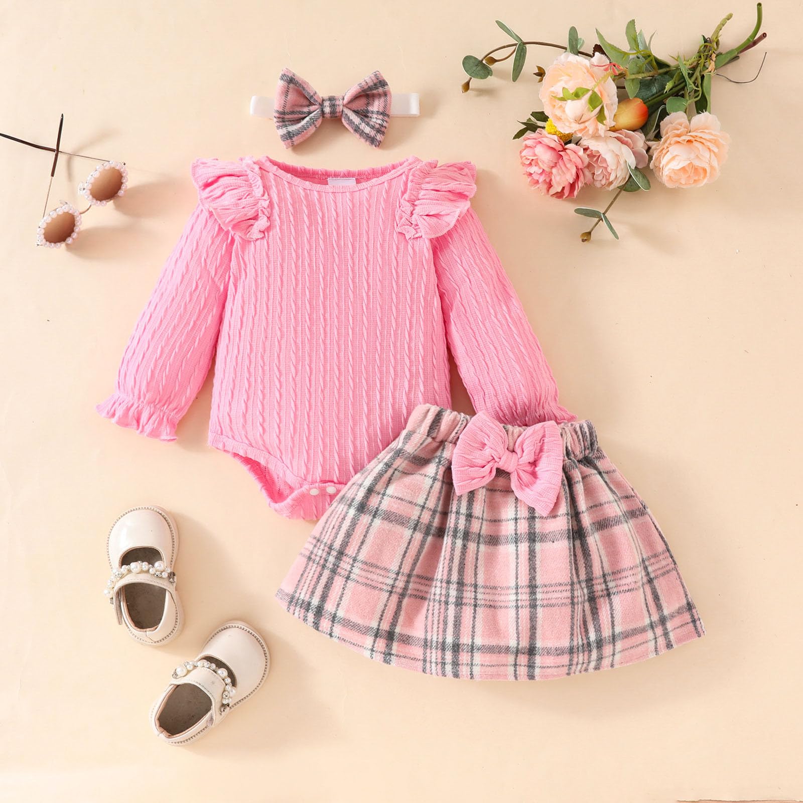 Generisch Survêtement pour enfant fille - Ensemble de sport pour bébé fille - Manches longues - Volants côtelés - Grenouillère - Plaid Bowknot - Jupes